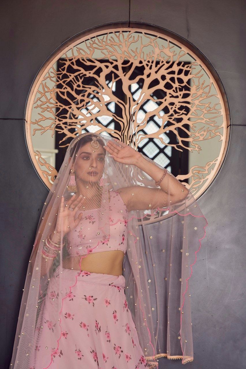 Elegant Peach Georgette Lehenga With Printed Mukesh Work - ETHNICDEAL