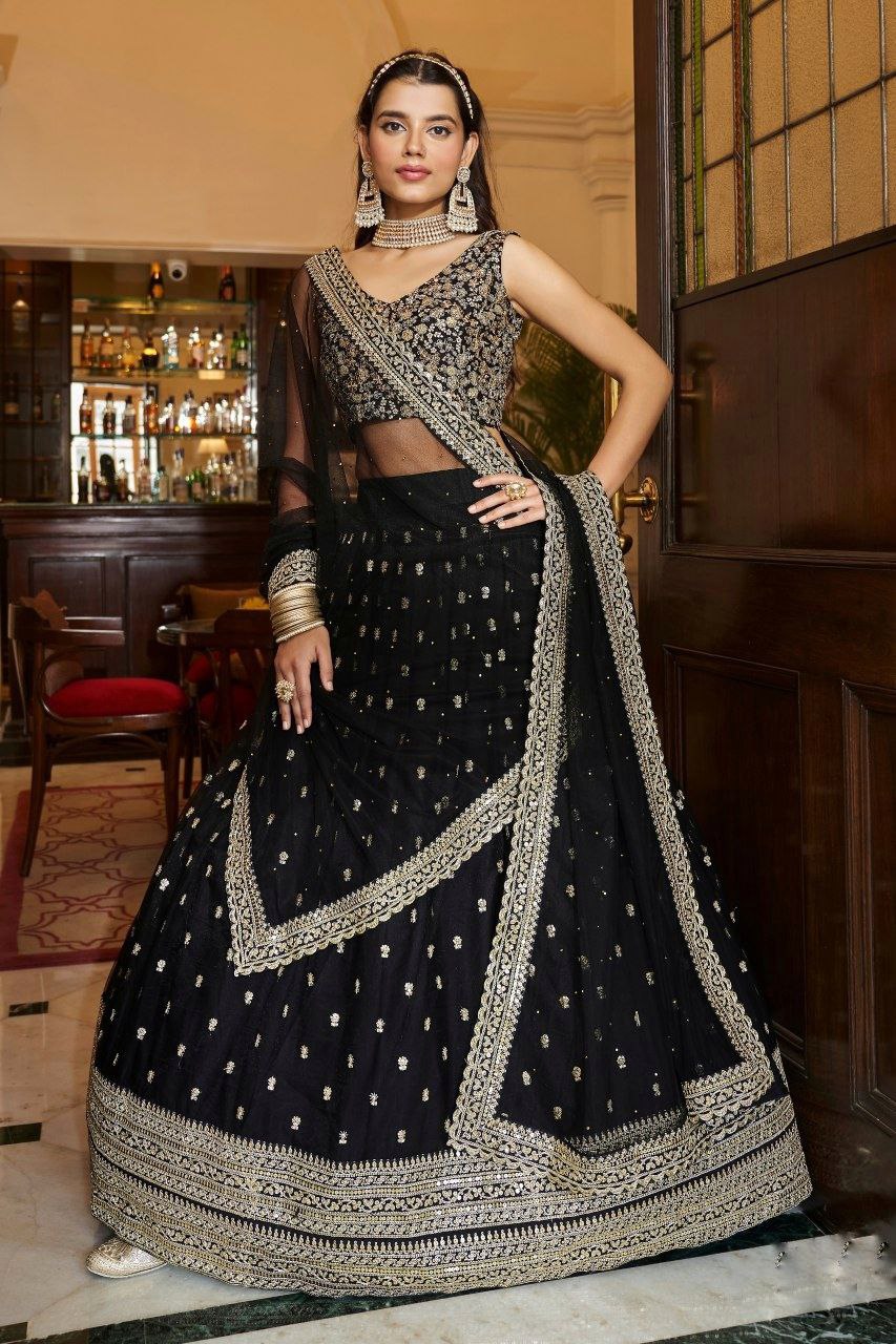 Graceful Black Soft Net Lehenga Set With Intricate Embroidery - ETHNICDEAL