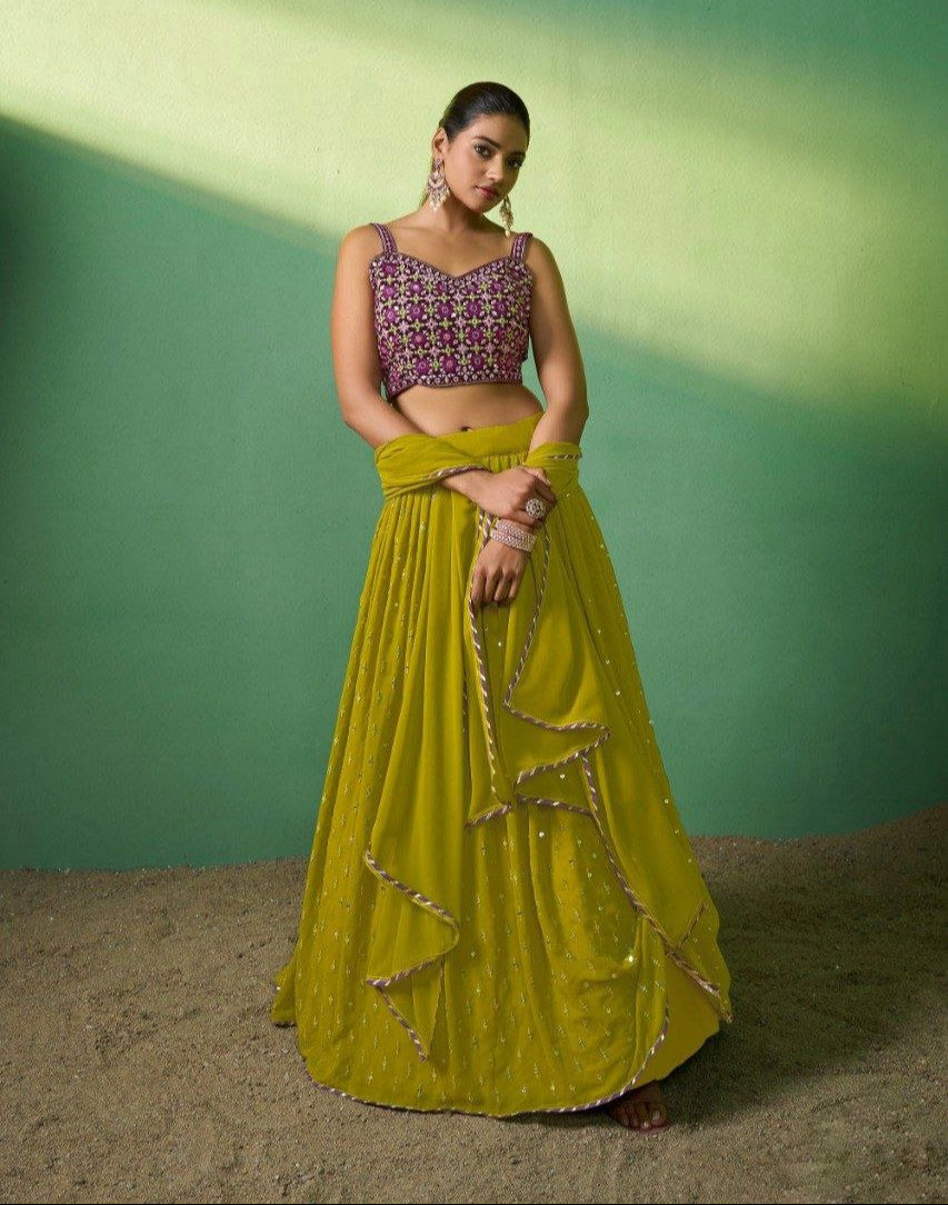 Graceful Mehendi Green Georgette Embroidered Lehenga Set - ETHNICDEAL