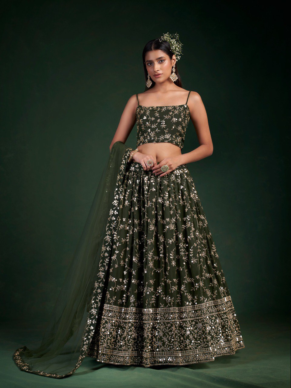 Mehendi Green Georgette Lehenga Set with 7mm Sequins & Zari Work - ETHNICDEAL