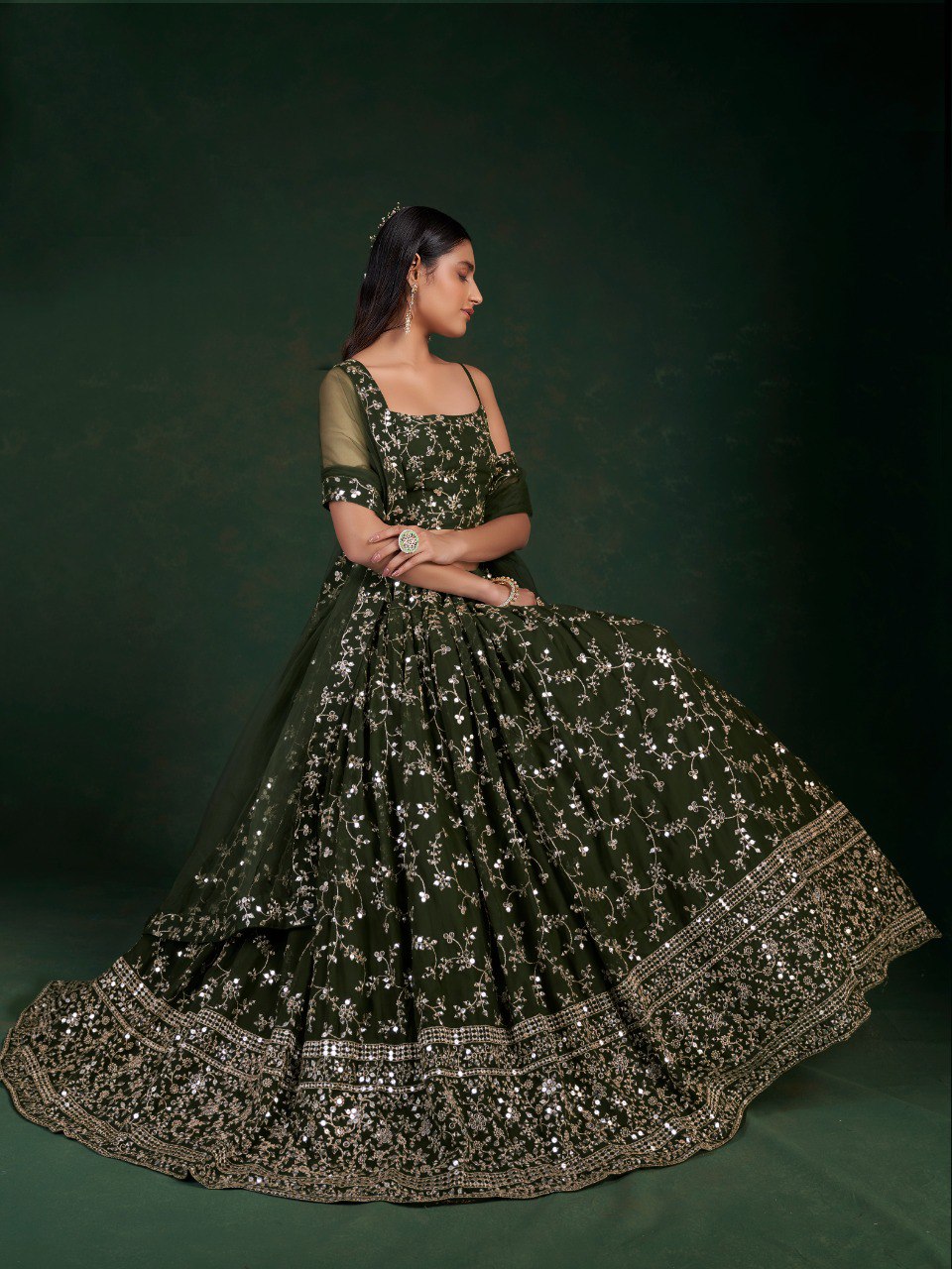 Mehendi Green Georgette Lehenga Set with 7mm Sequins & Zari Work - ETHNICDEAL