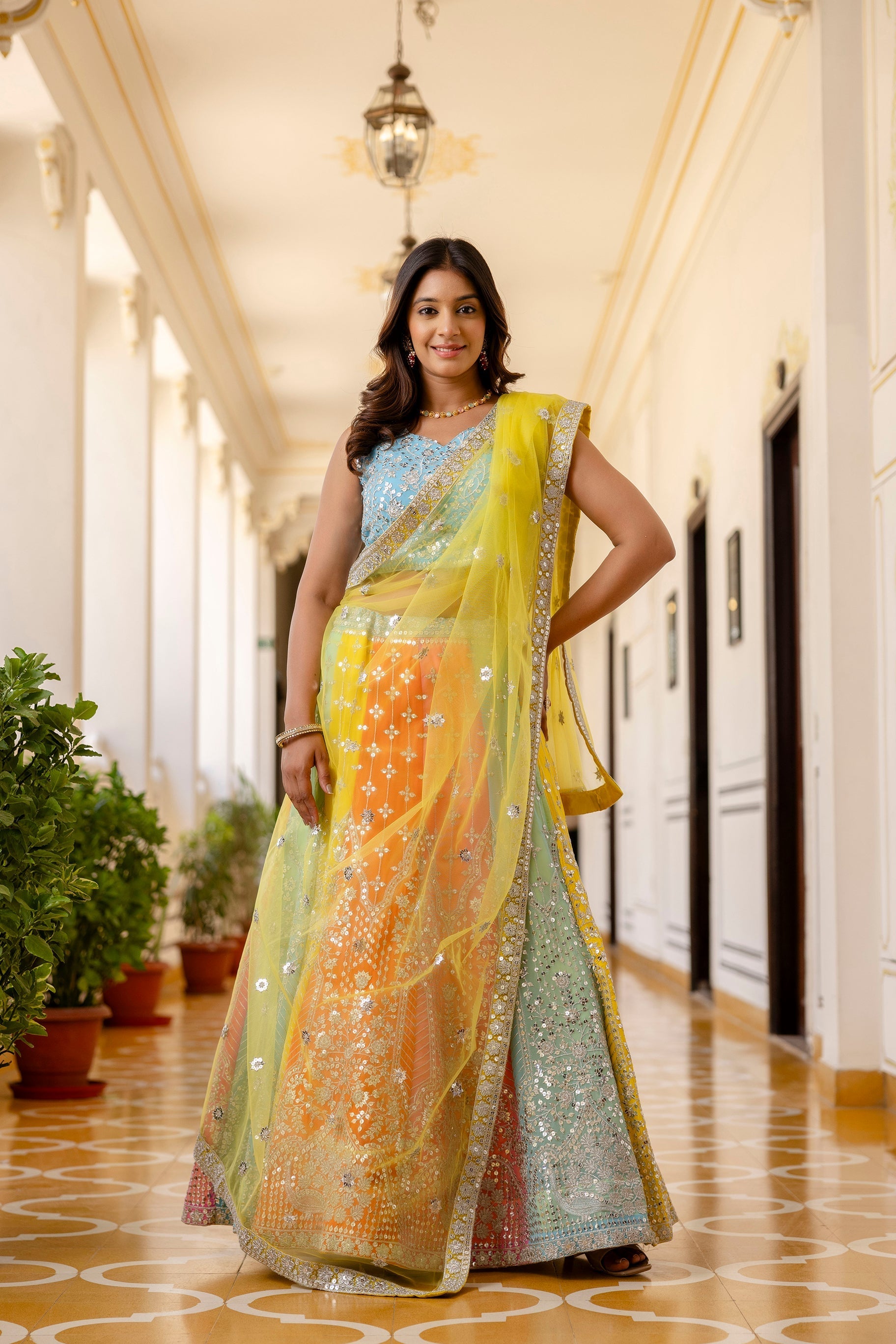 Multicolored Faux Georgette Sequins Thread Embroidered Lehenga Choli - ETHNICDEAL