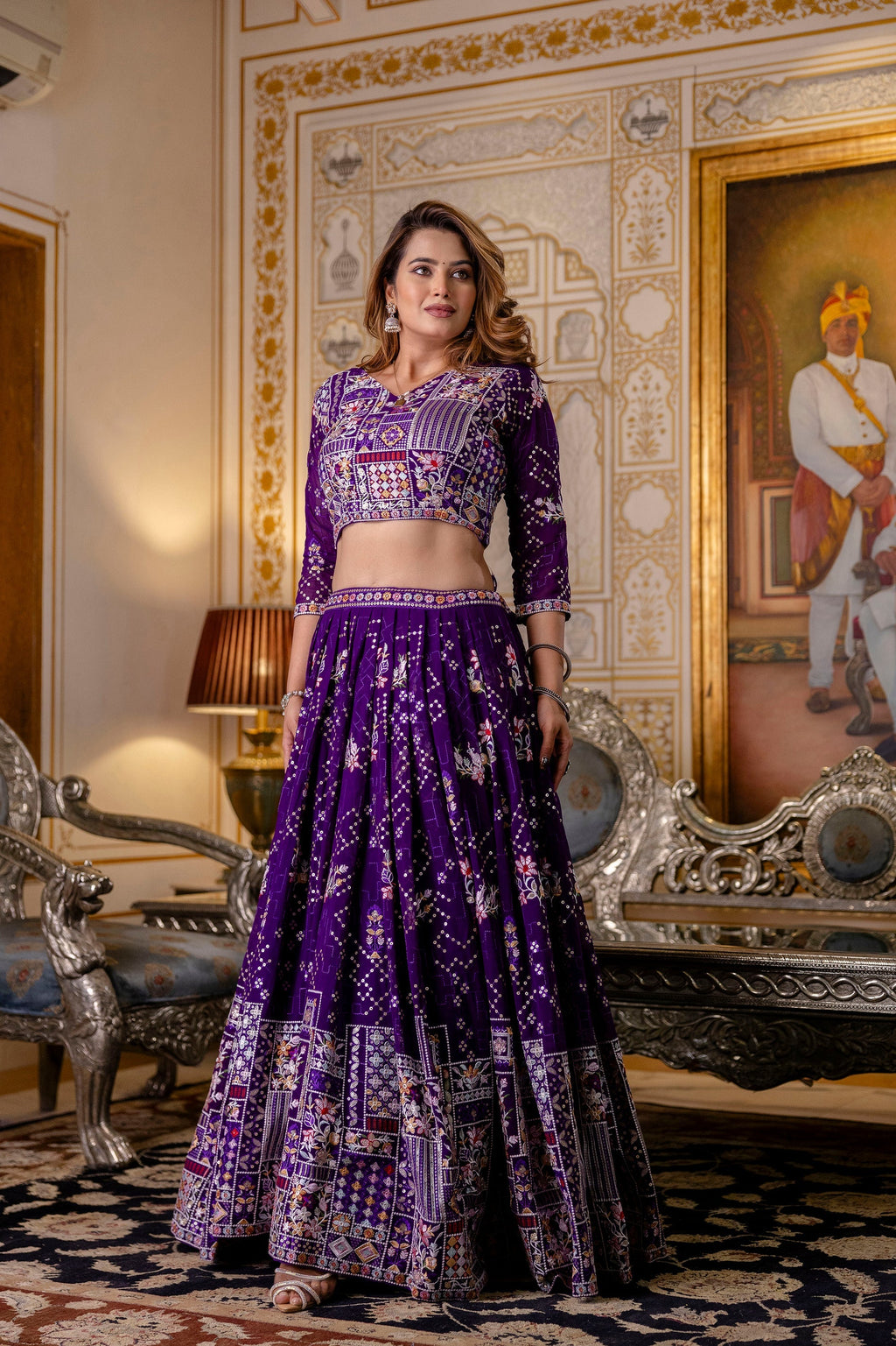 Purple Floral Sequins Thread Embroidered Lehenga Choli Set - ETHNICDEAL