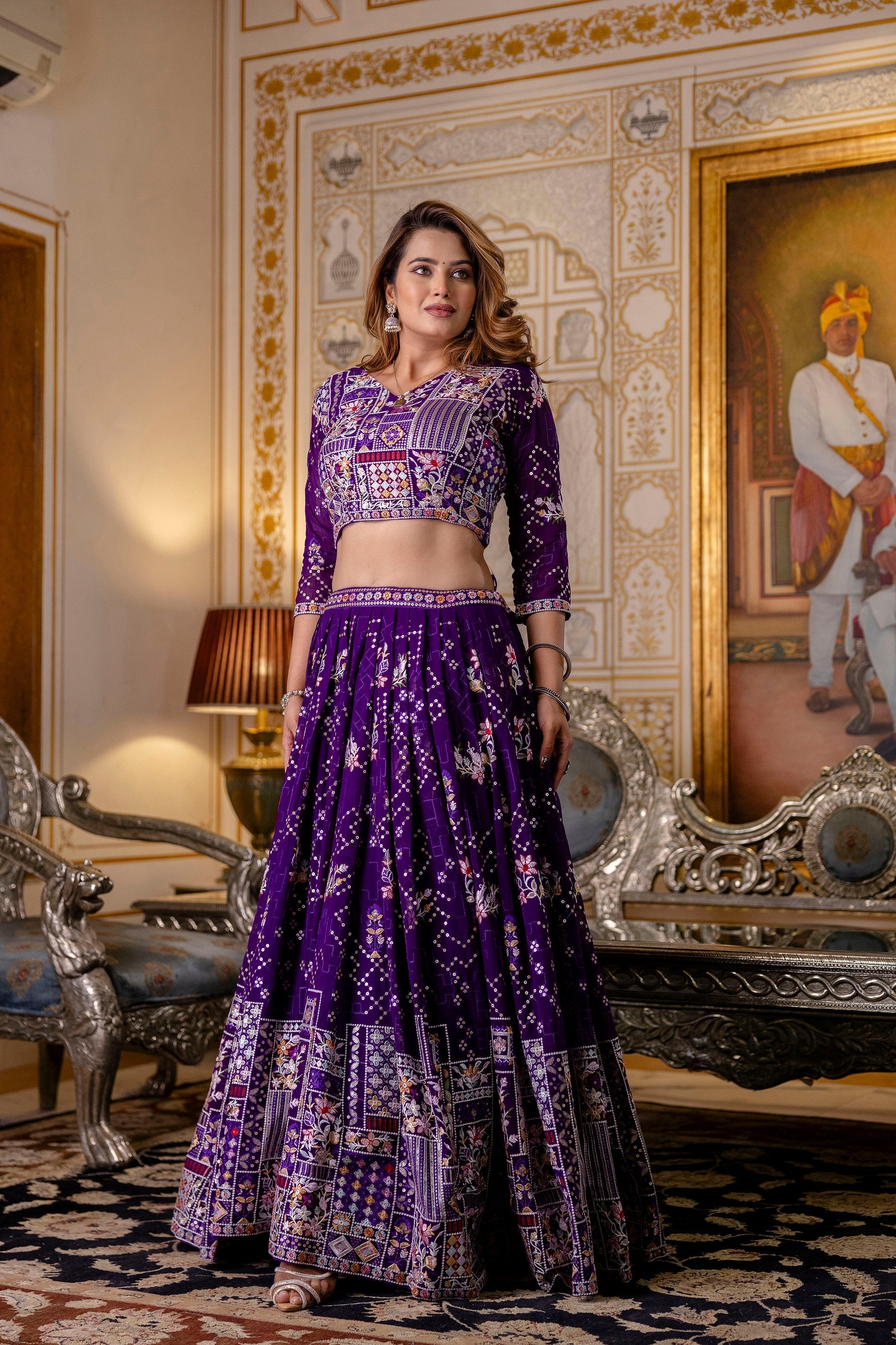 Purple Floral Sequins Thread Embroidered Lehenga Choli Set - ETHNICDEAL