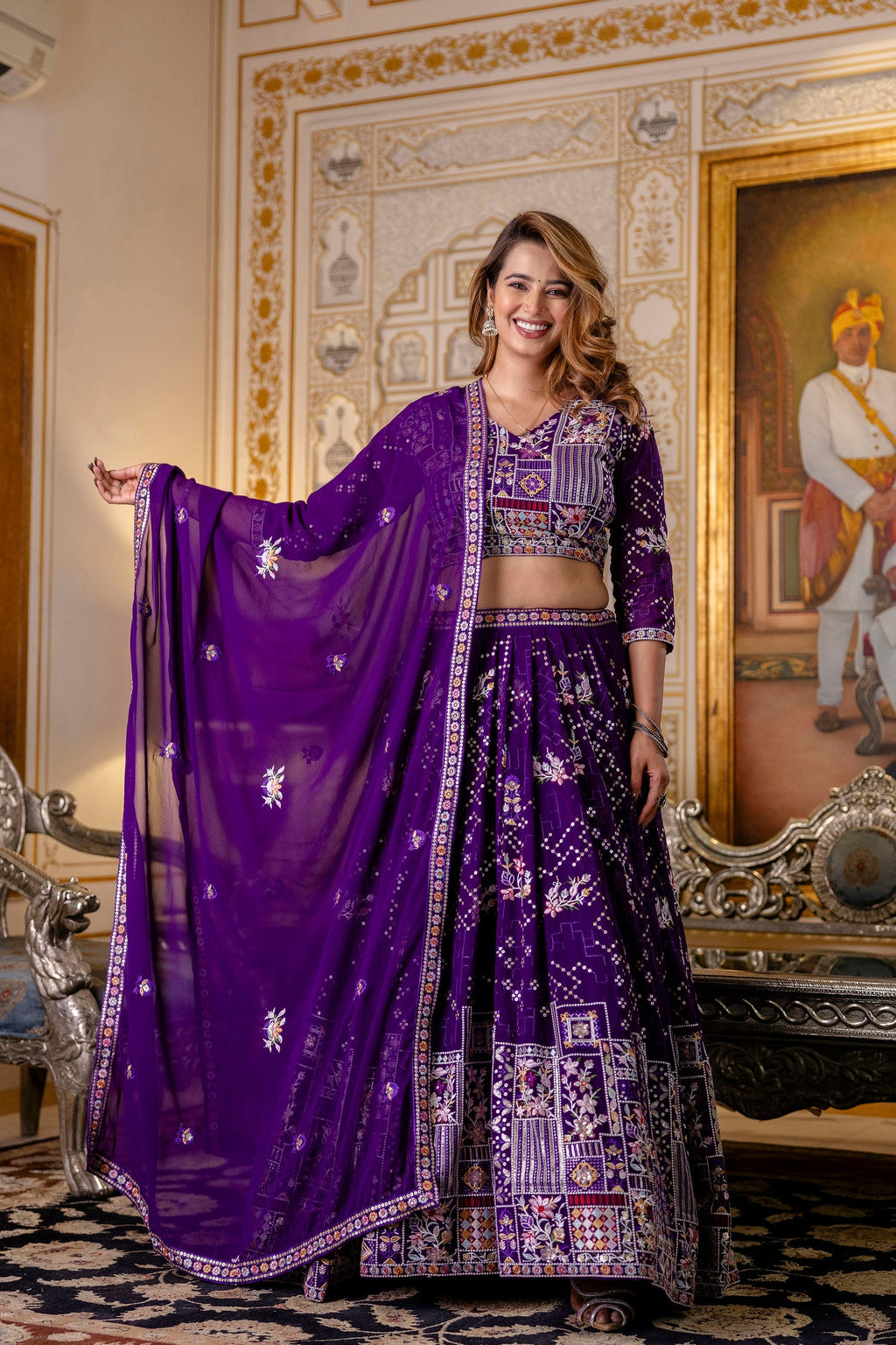Purple Floral Sequins Thread Embroidered Lehenga Choli Set - ETHNICDEAL