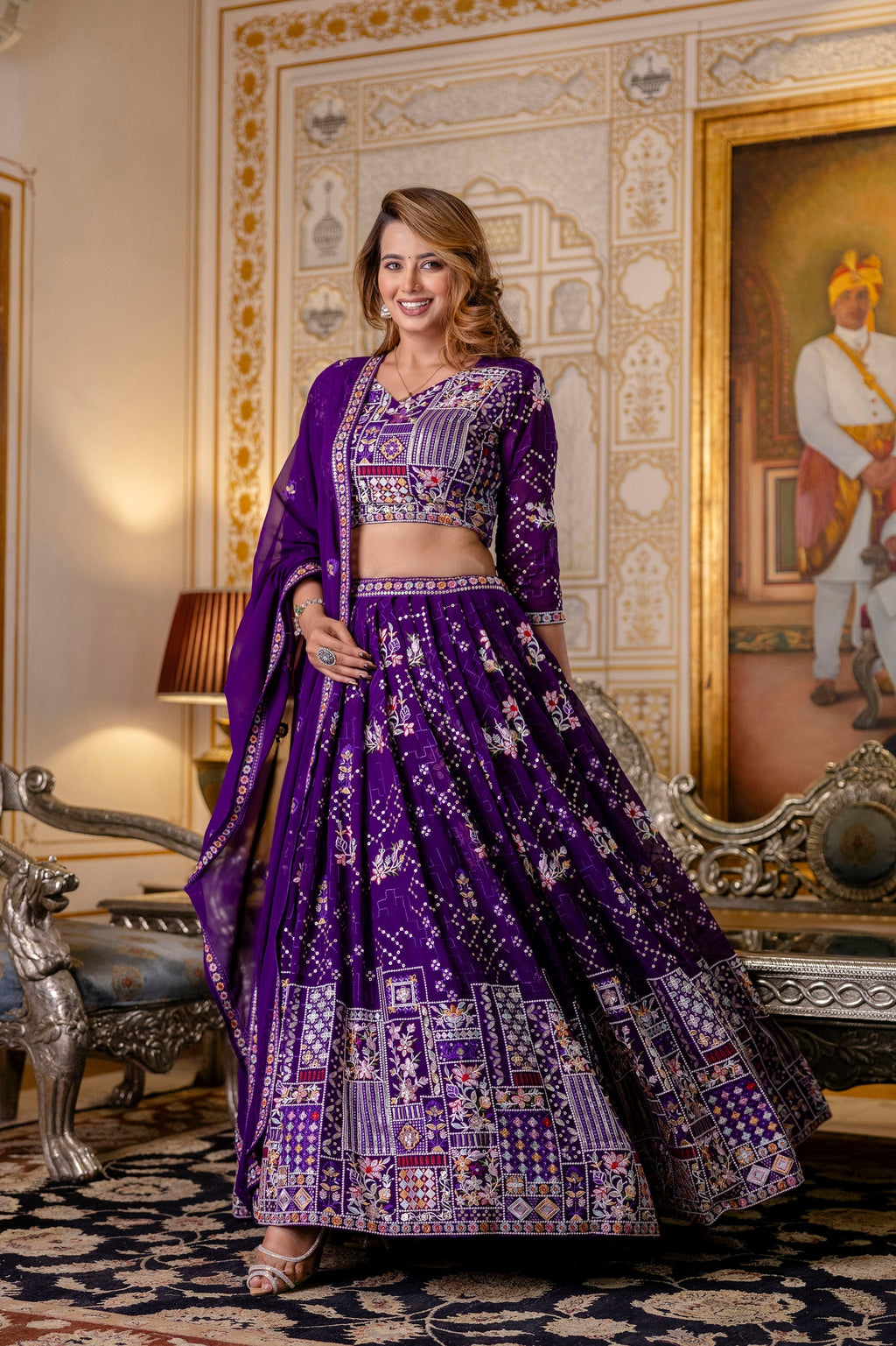 Purple Floral Sequins Thread Embroidered Lehenga Choli Set - ETHNICDEAL