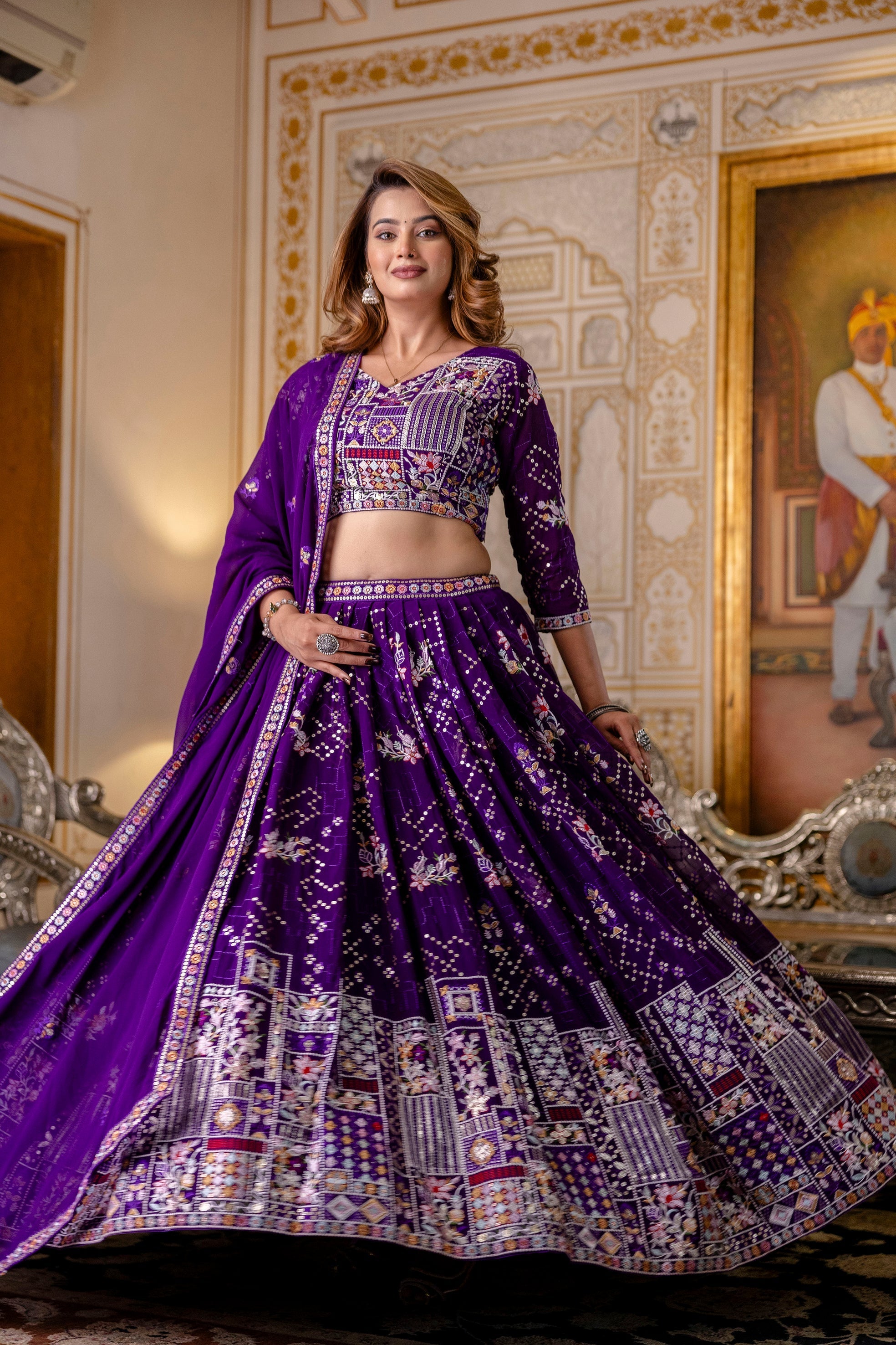 Purple Floral Sequins Thread Embroidered Lehenga Choli Set - ETHNICDEAL