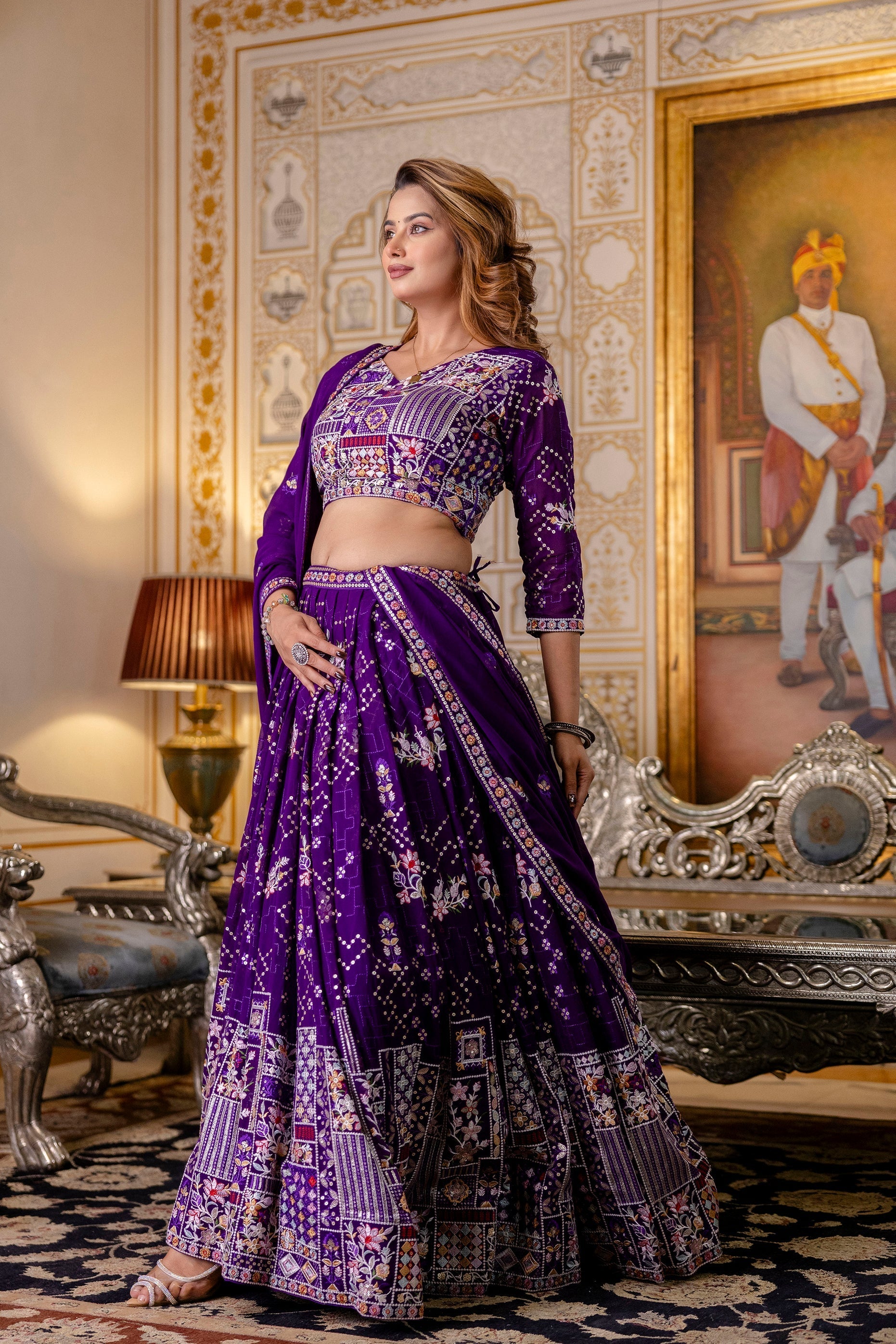 Purple Floral Sequins Thread Embroidered Lehenga Choli Set - ETHNICDEAL