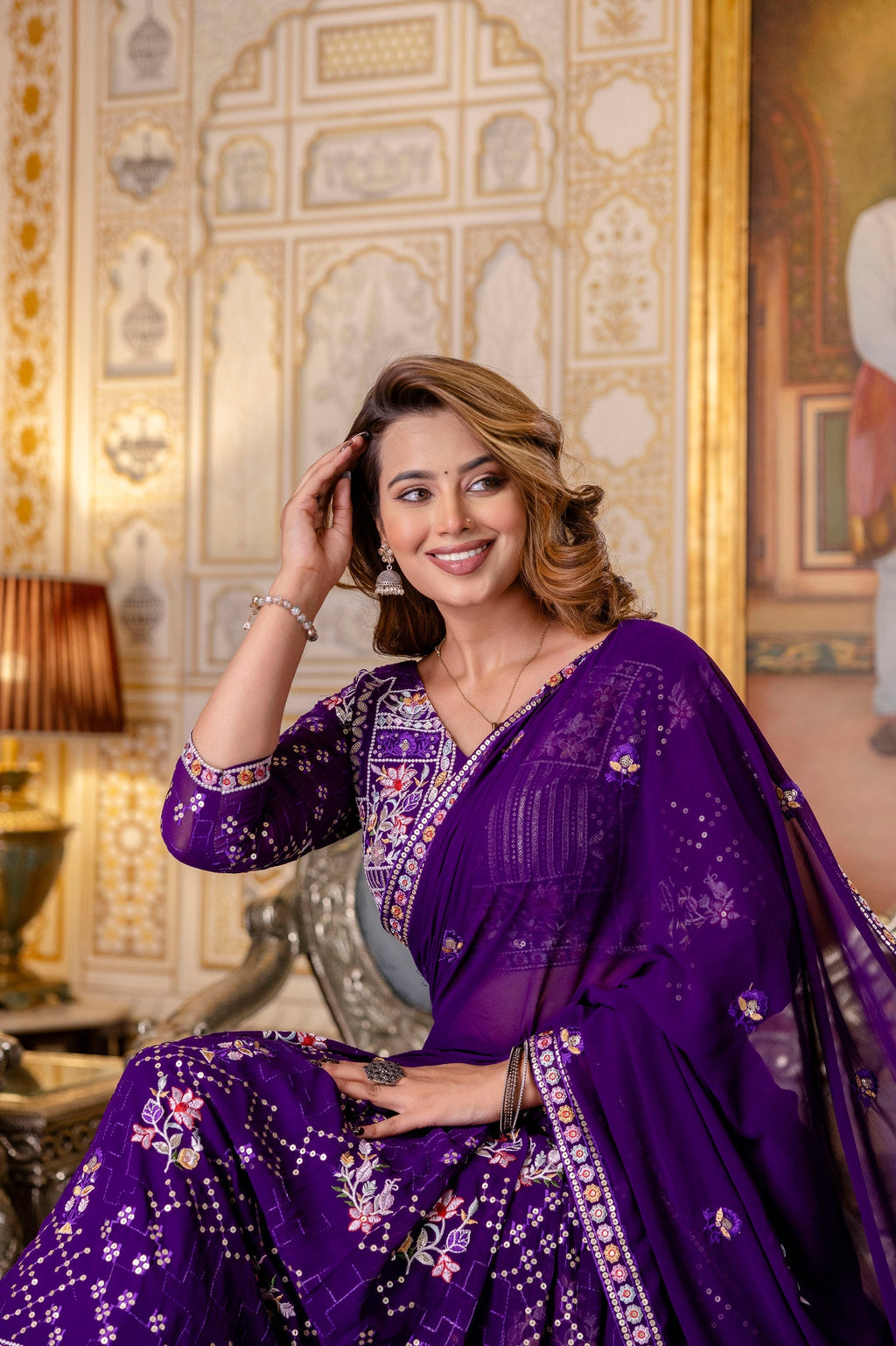 Purple Floral Sequins Thread Embroidered Lehenga Choli Set - ETHNICDEAL