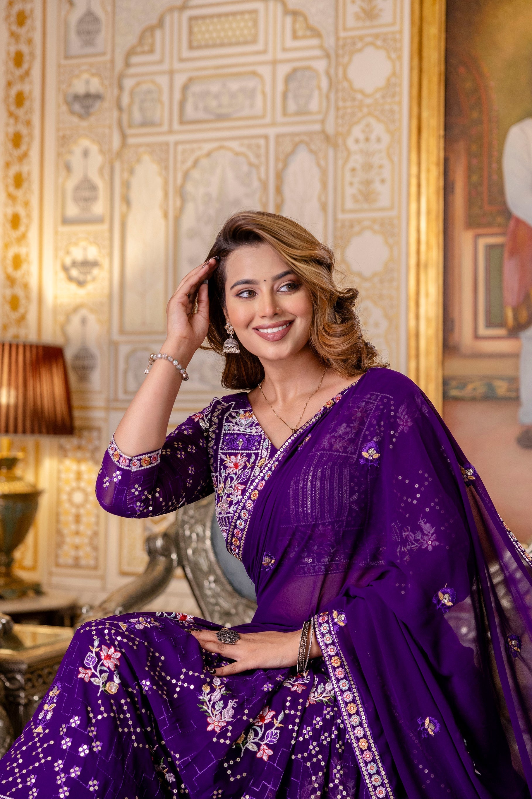 Purple Floral Sequins Thread Embroidered Lehenga Choli Set - ETHNICDEAL