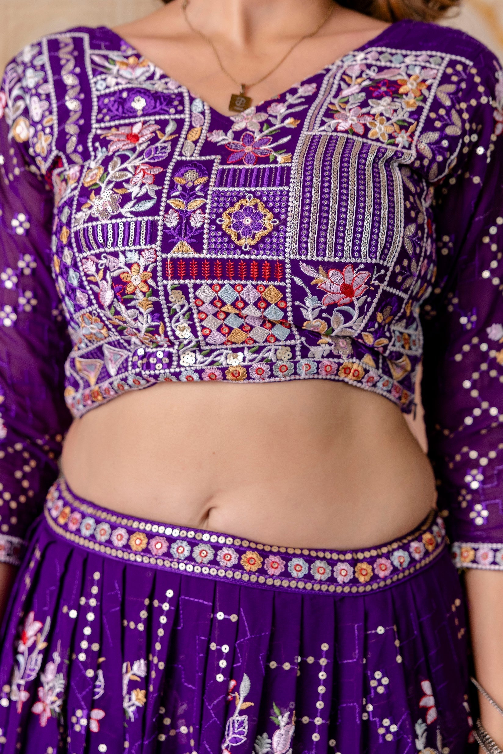 Purple Floral Sequins Thread Embroidered Lehenga Choli Set - ETHNICDEAL