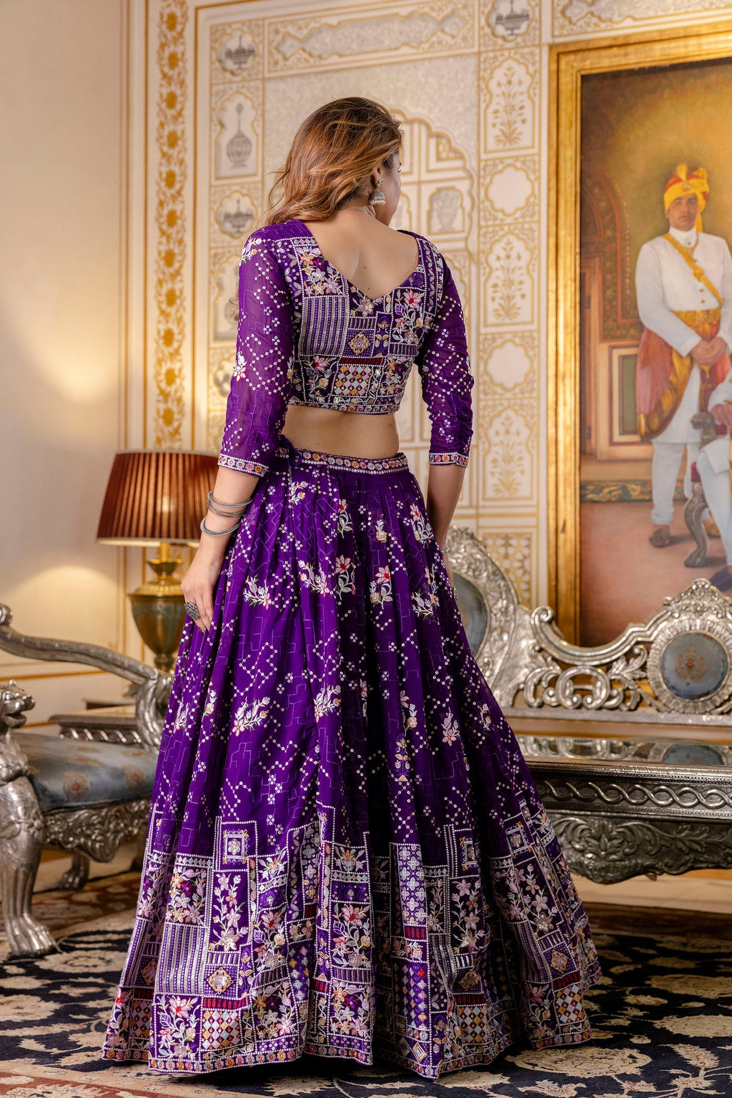 Purple Floral Sequins Thread Embroidered Lehenga Choli Set - ETHNICDEAL