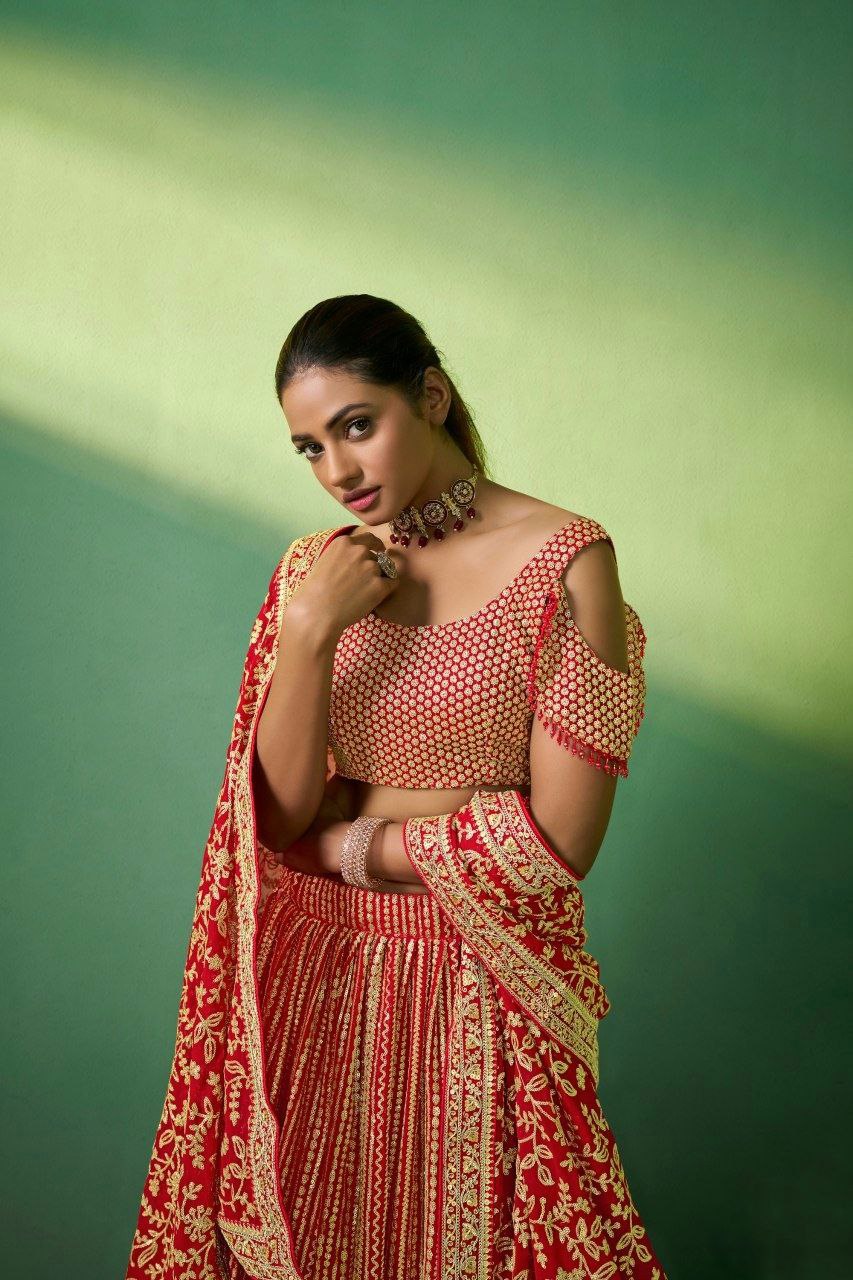 Radiant Red Georgette Embroidered Lehenga Set - ETHNICDEAL