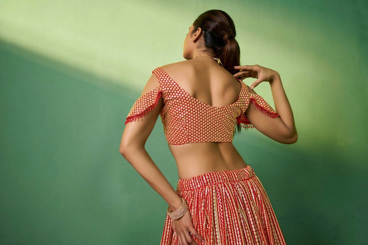 Radiant Red Georgette Embroidered Lehenga Set - ETHNICDEAL