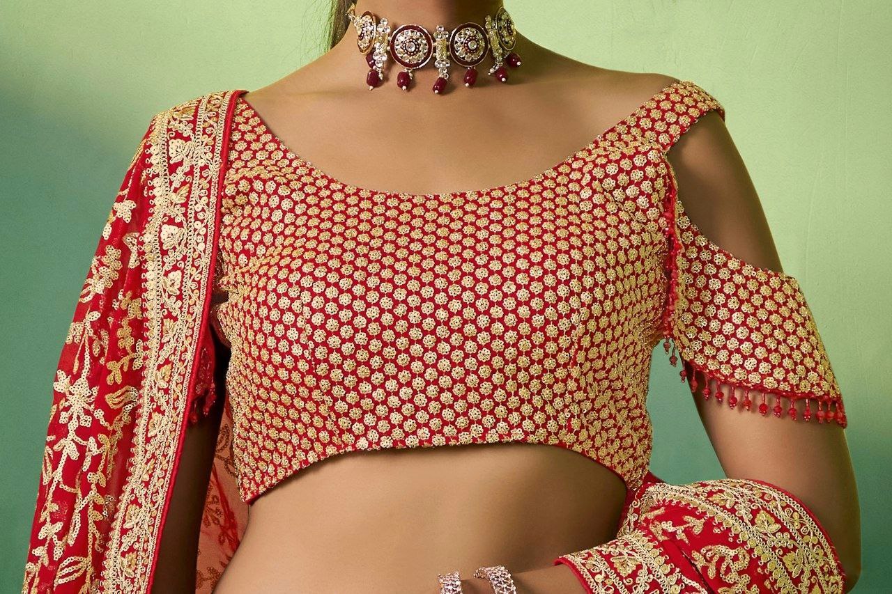 Radiant Red Georgette Embroidered Lehenga Set - ETHNICDEAL