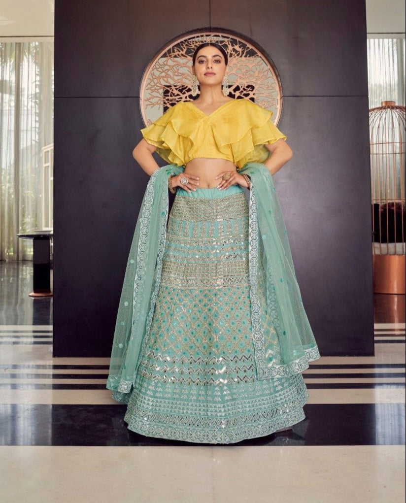 Turquoise Organza Lehenga with Thread, Sequins, Zari, and Foil Mirror Work - ETHNICDEAL