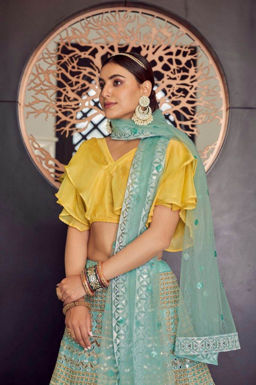 Turquoise Organza Lehenga with Thread, Sequins, Zari, and Foil Mirror Work - ETHNICDEAL