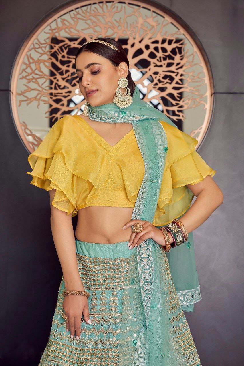 Turquoise Organza Lehenga with Thread, Sequins, Zari, and Foil Mirror Work - ETHNICDEAL