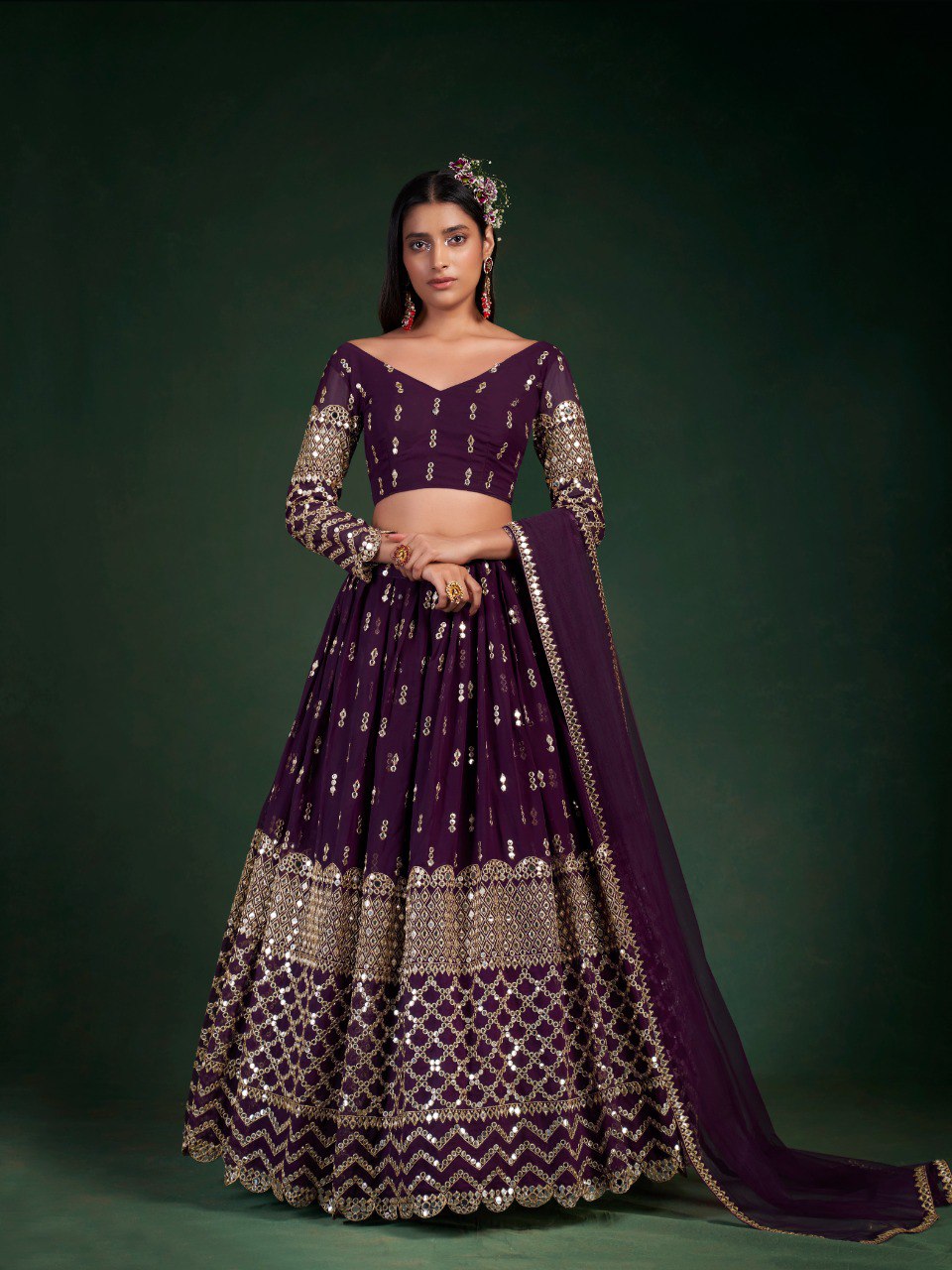 Wine Georgette Lehenga Set with Zari, Sequins & Foil Mirror Work - ETHNICDEAL