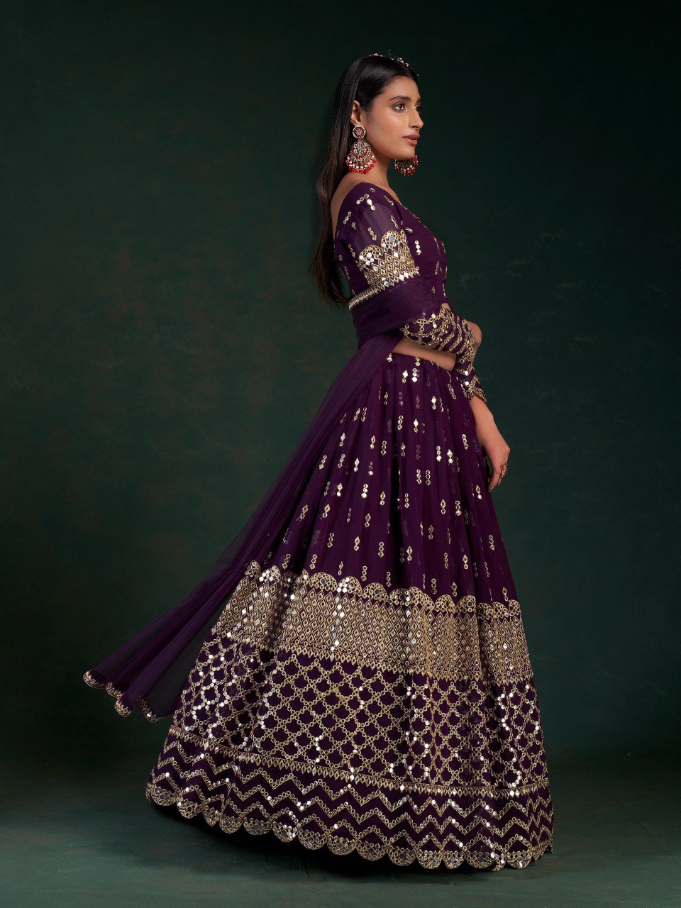 Wine Georgette Lehenga Set with Zari, Sequins & Foil Mirror Work - ETHNICDEAL