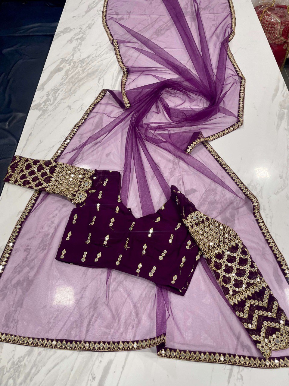 Wine Georgette Lehenga Set with Zari, Sequins & Foil Mirror Work - ETHNICDEAL