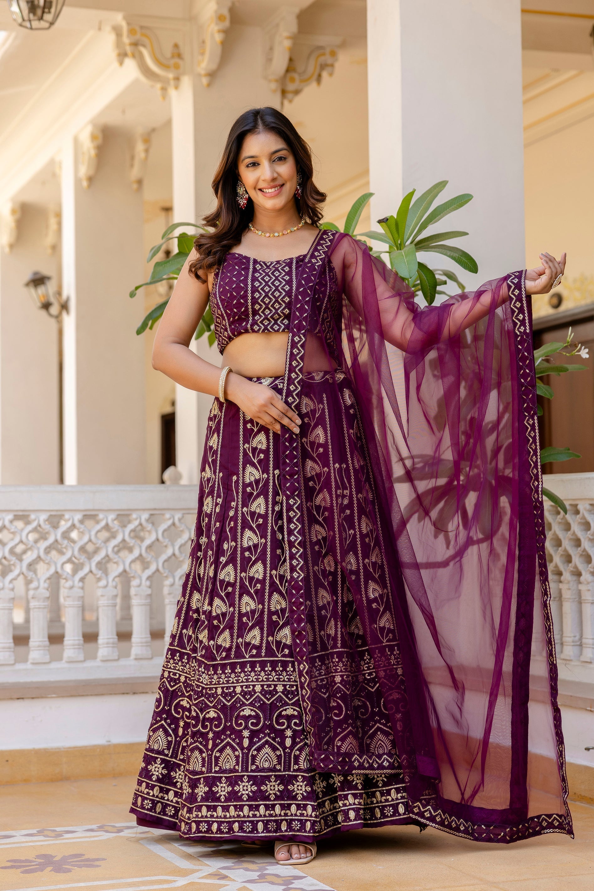 Wine Georgette Sequins Embroidered Lehenga Choli Set - ETHNICDEAL
