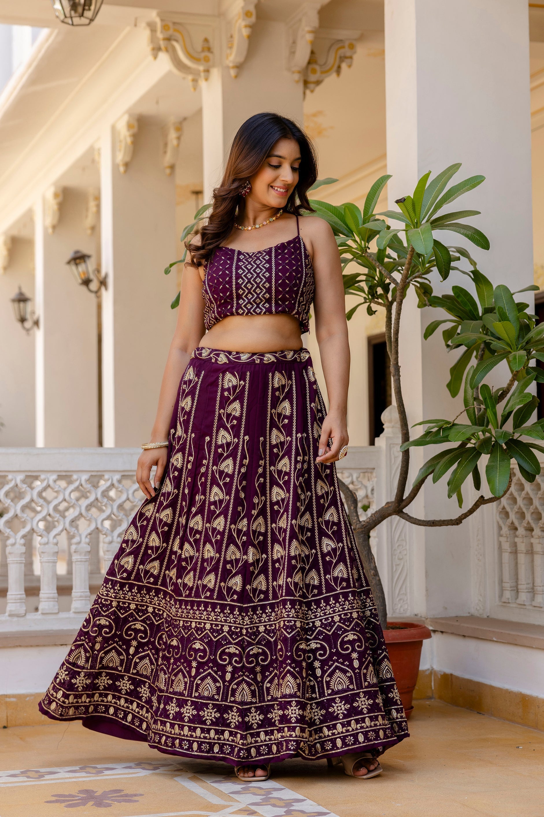 Wine Georgette Sequins Embroidered Lehenga Choli Set - ETHNICDEAL