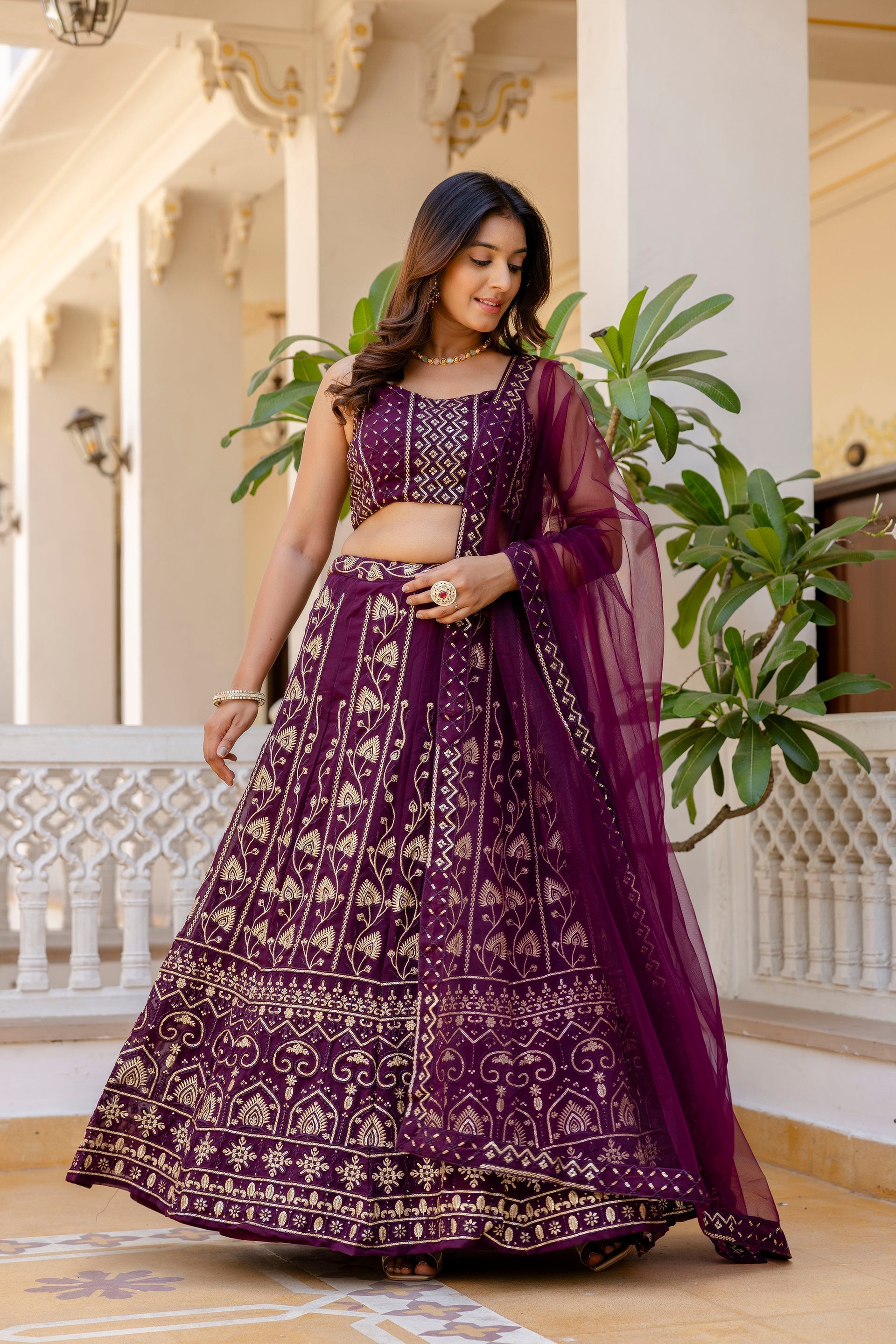 Wine Georgette Sequins Embroidered Lehenga Choli Set - ETHNICDEAL
