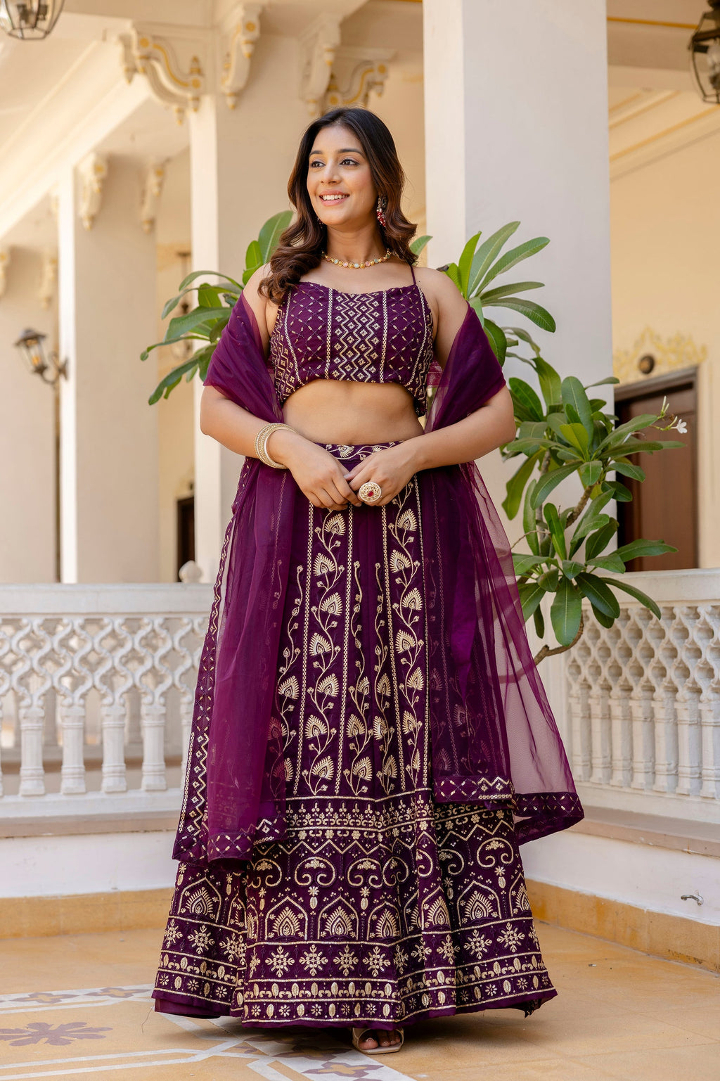Wine Georgette Sequins Embroidered Lehenga Choli Set - ETHNICDEAL