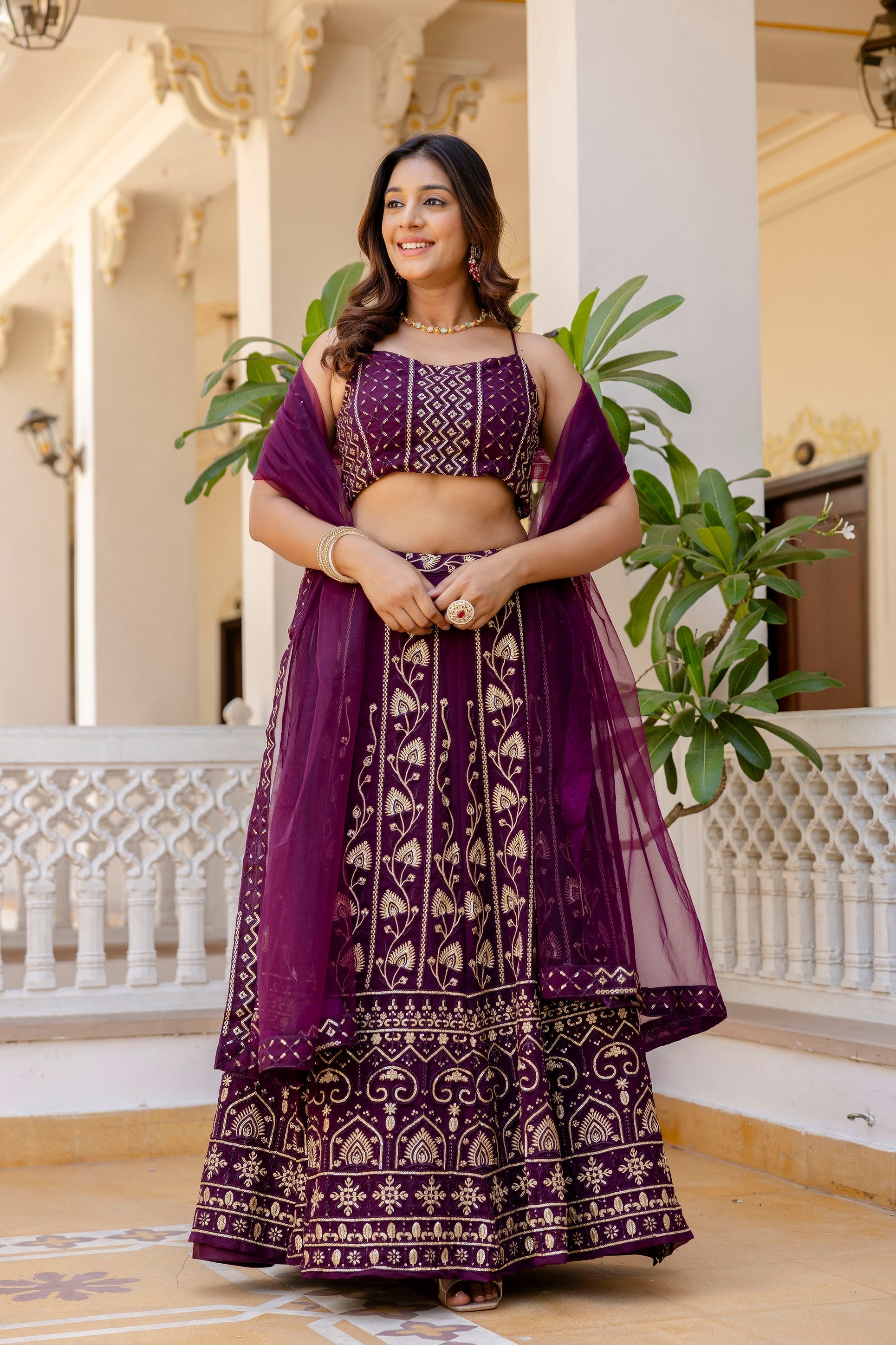 Wine Georgette Sequins Embroidered Lehenga Choli Set - ETHNICDEAL