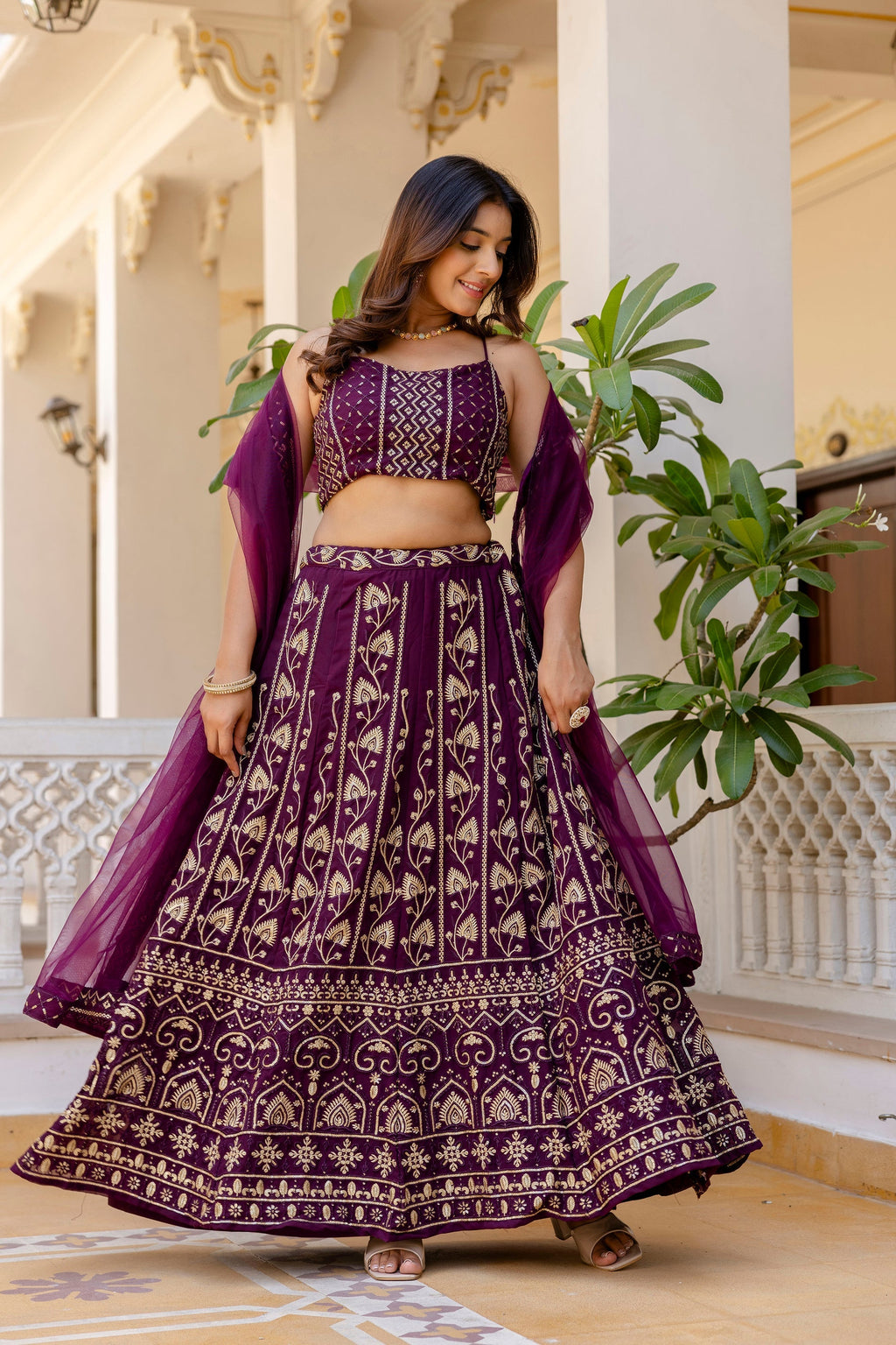 Wine Georgette Sequins Embroidered Lehenga Choli Set - ETHNICDEAL