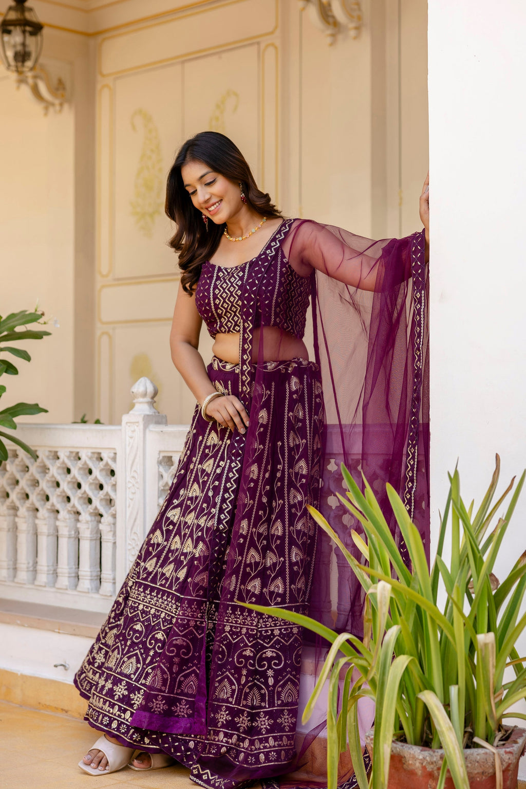 Wine Georgette Sequins Embroidered Lehenga Choli Set - ETHNICDEAL