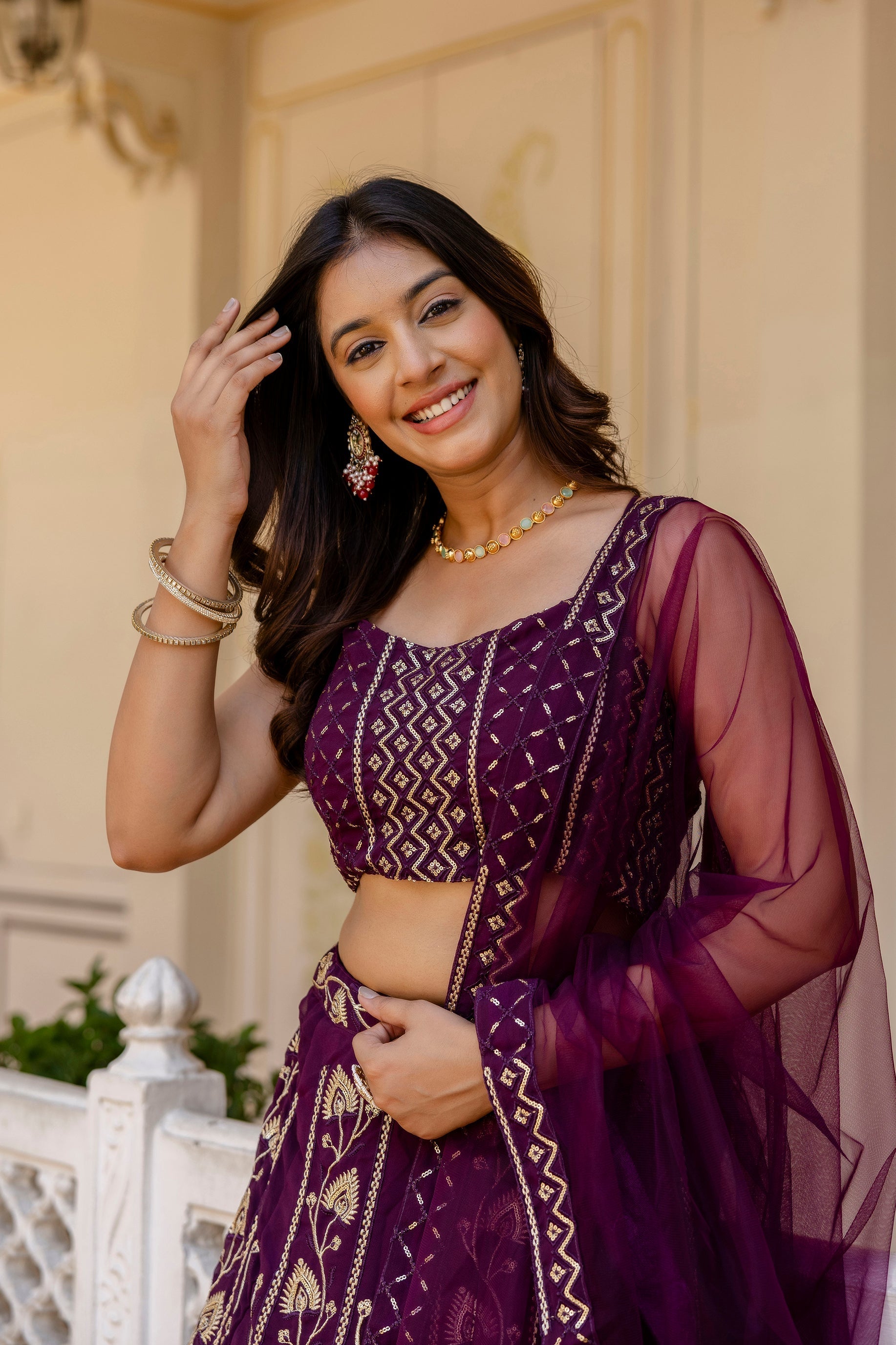 Wine Georgette Sequins Embroidered Lehenga Choli Set - ETHNICDEAL