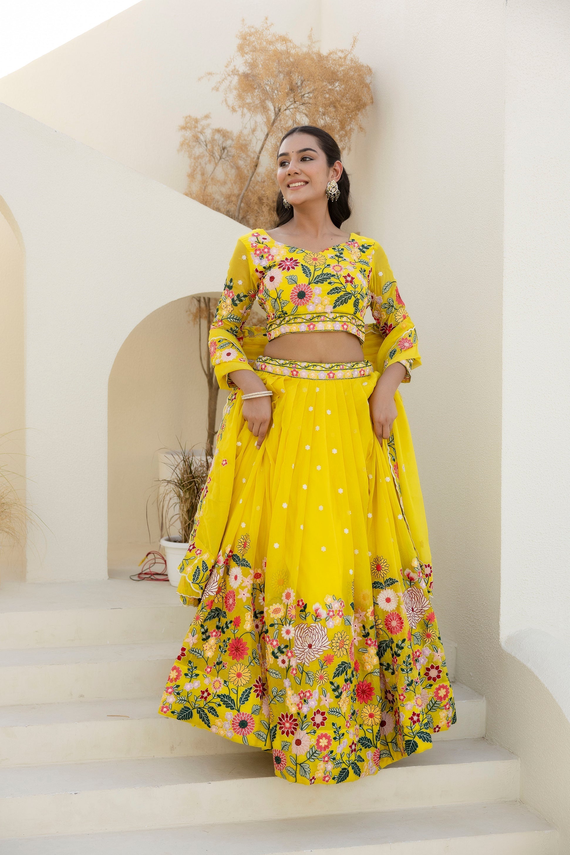 Yellow Floral Sequins Thread Embroidered Lehenga Choli - ETHNICDEAL