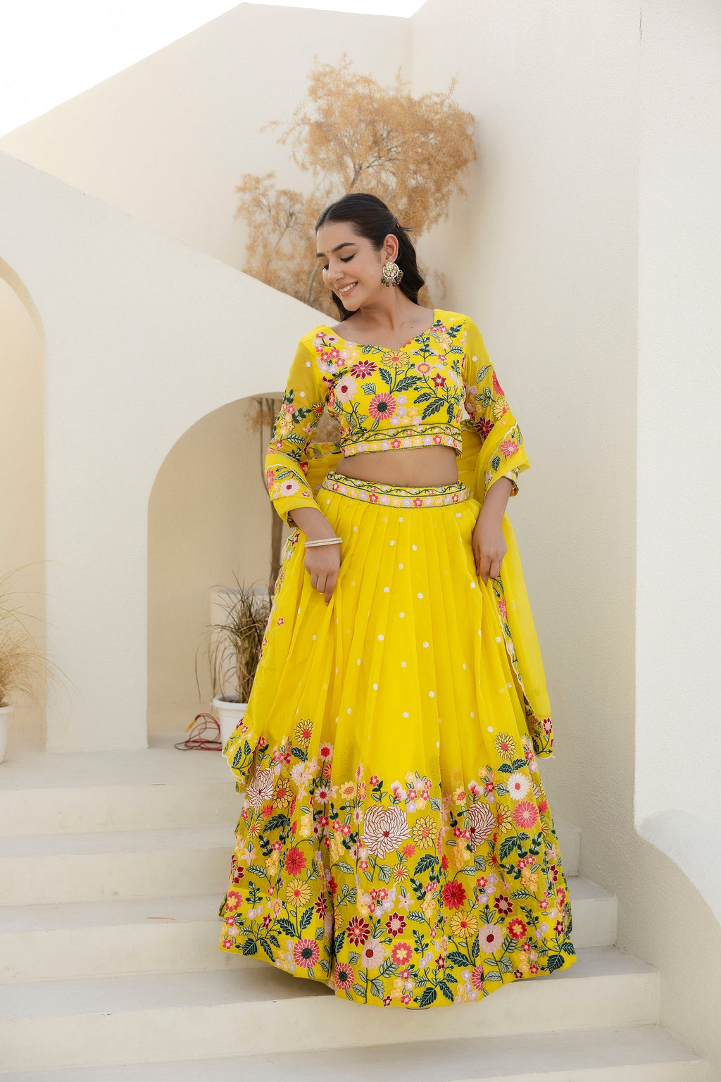 Yellow Floral Sequins Thread Embroidered Lehenga Choli - ETHNICDEAL