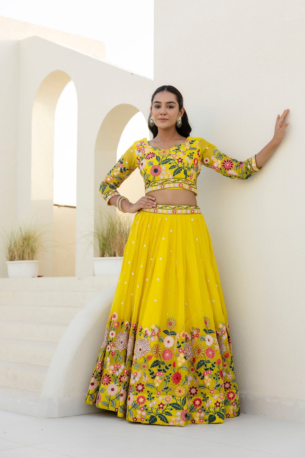 Yellow Floral Sequins Thread Embroidered Lehenga Choli - ETHNICDEAL