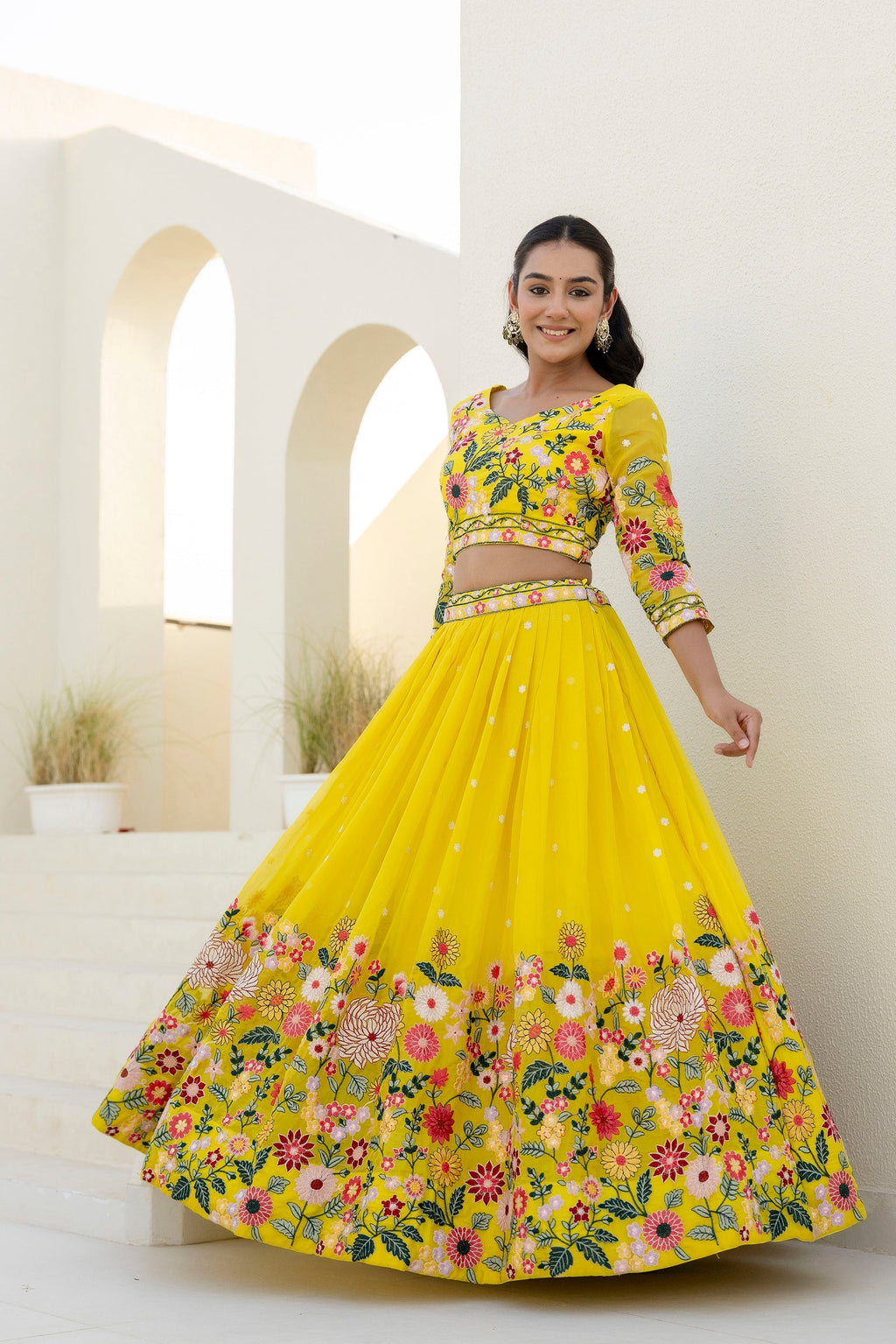 Yellow Floral Sequins Thread Embroidered Lehenga Choli - ETHNICDEAL