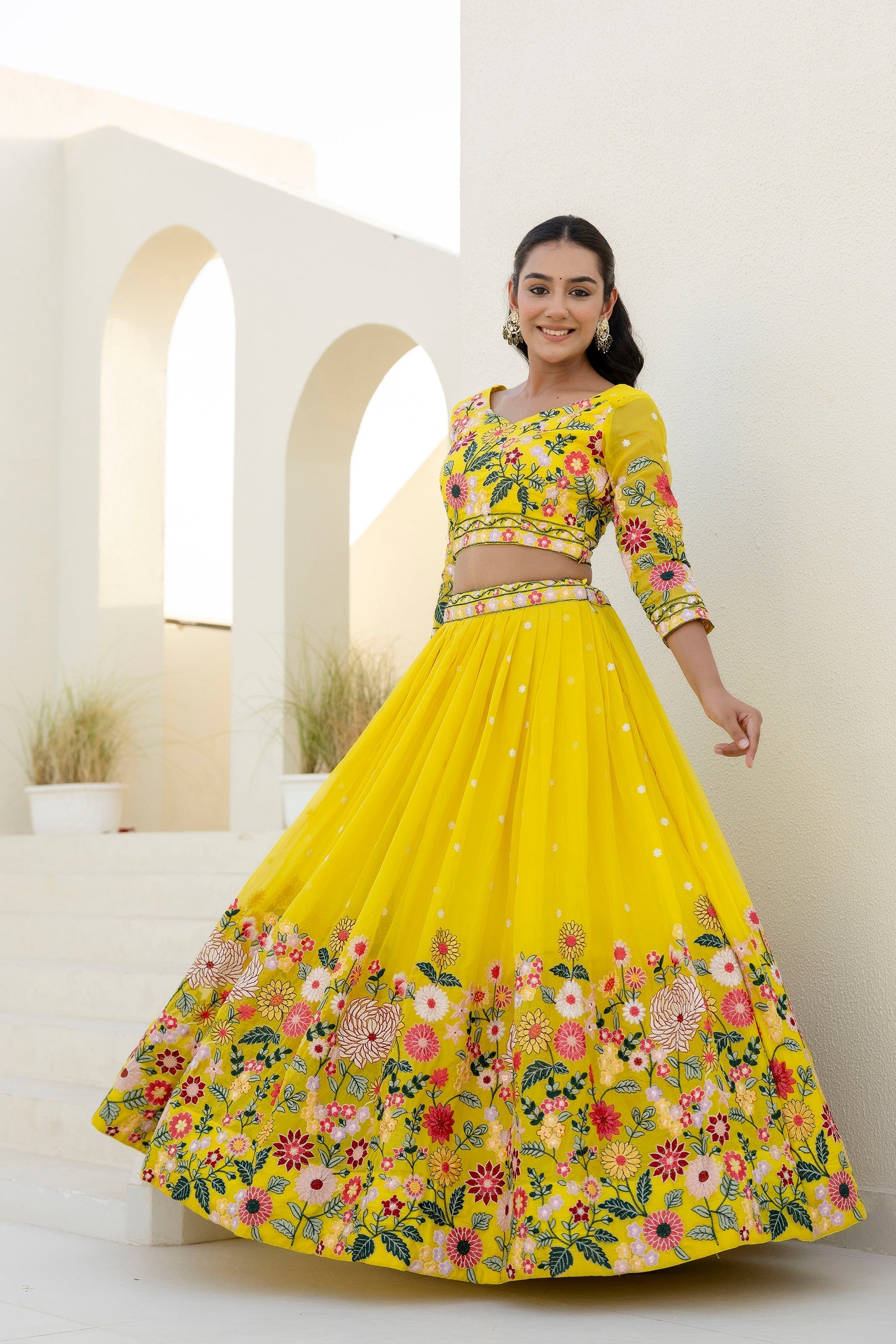 Yellow Floral Sequins Thread Embroidered Lehenga Choli - ETHNICDEAL