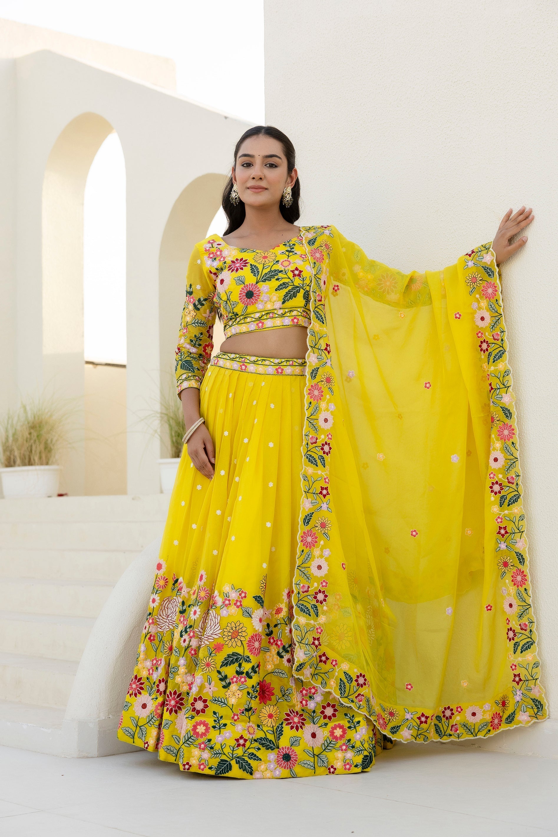 Yellow Floral Sequins Thread Embroidered Lehenga Choli - ETHNICDEAL