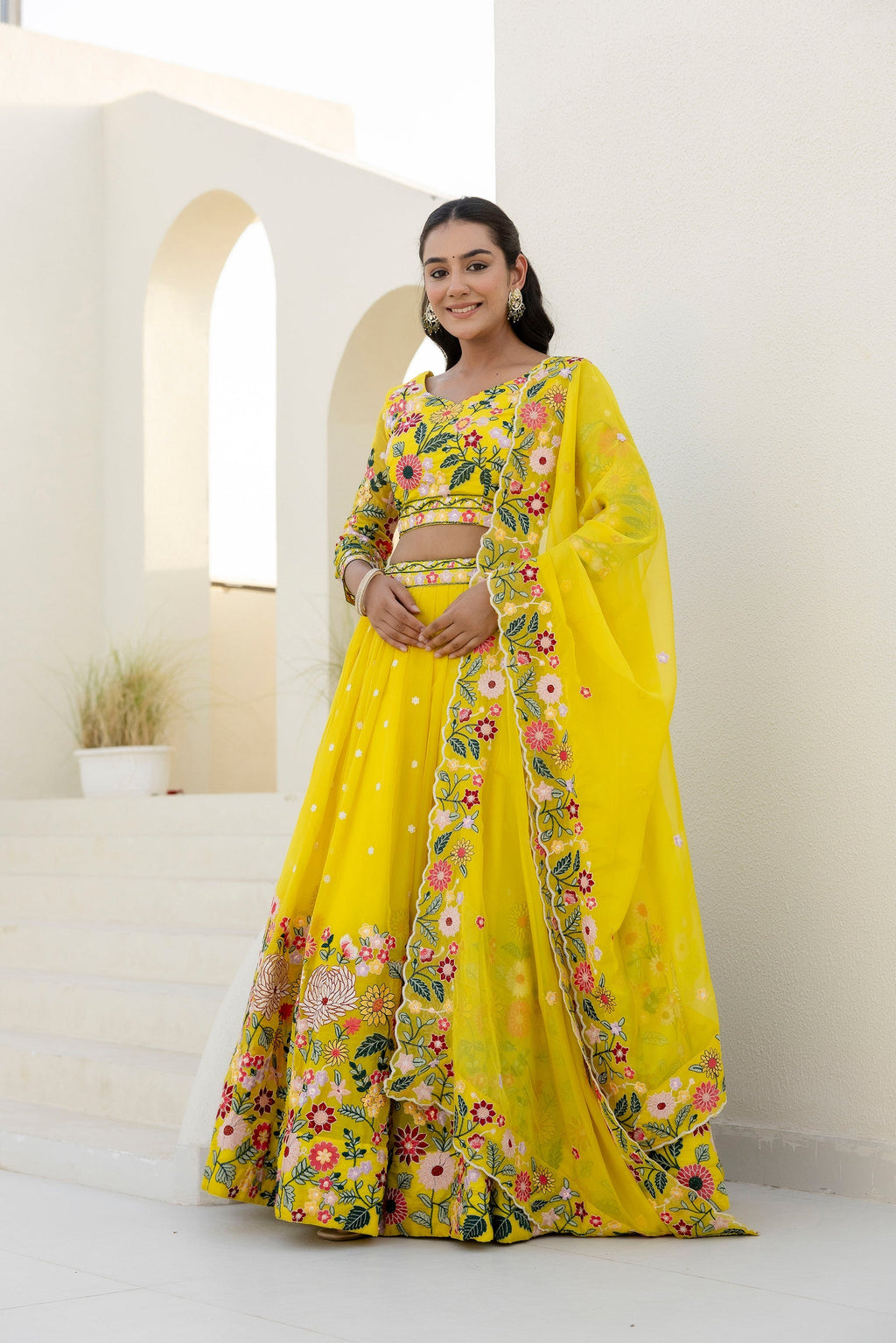 Yellow Floral Sequins Thread Embroidered Lehenga Choli - ETHNICDEAL