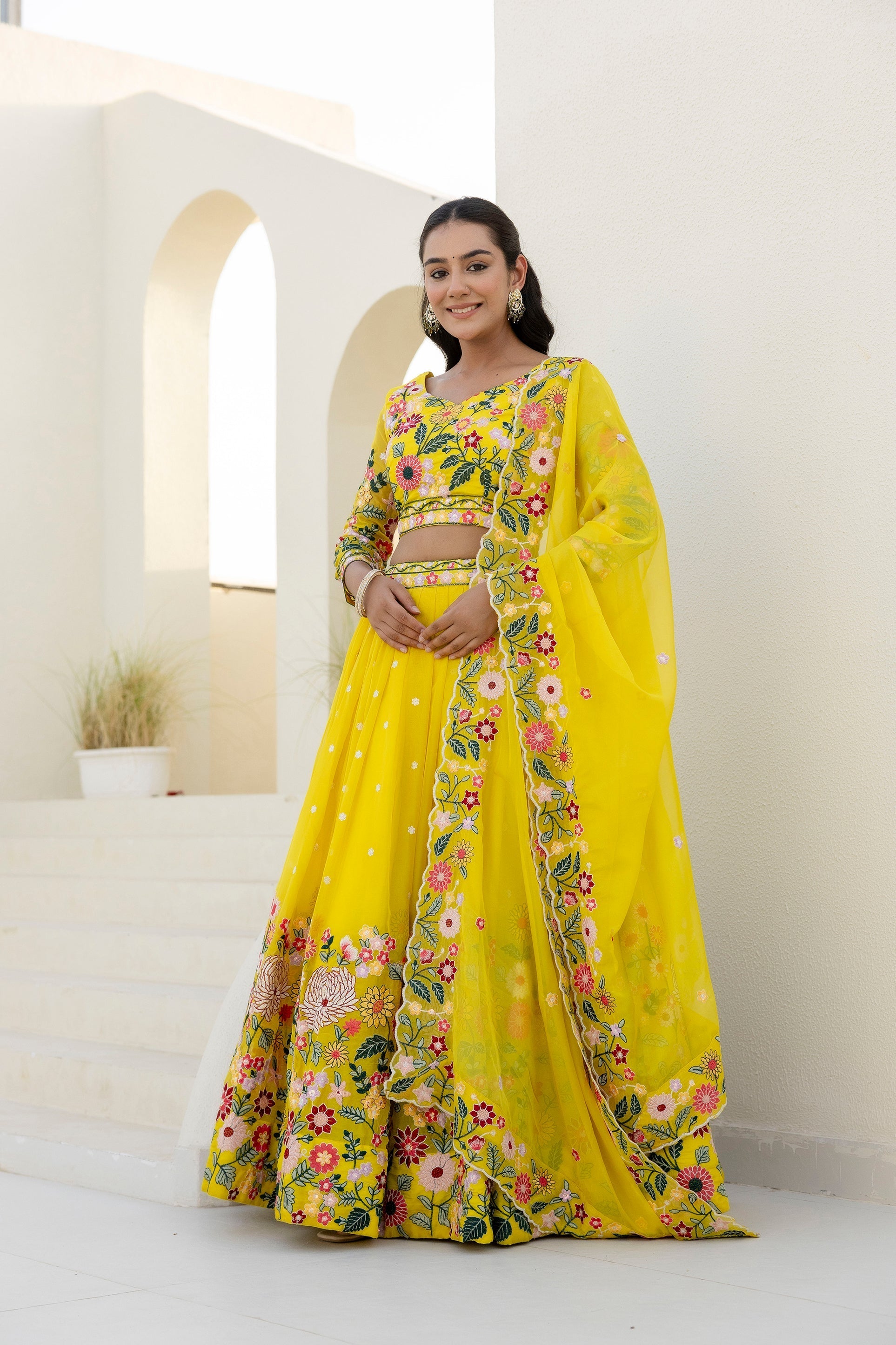 Yellow Floral Sequins Thread Embroidered Lehenga Choli - ETHNICDEAL