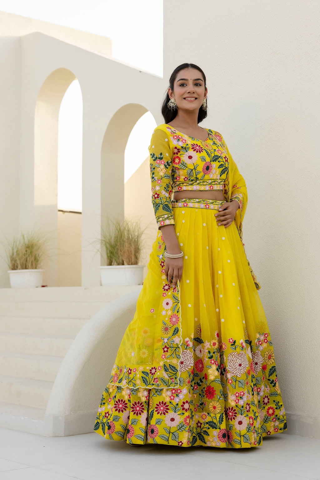 Yellow Floral Sequins Thread Embroidered Lehenga Choli - ETHNICDEAL