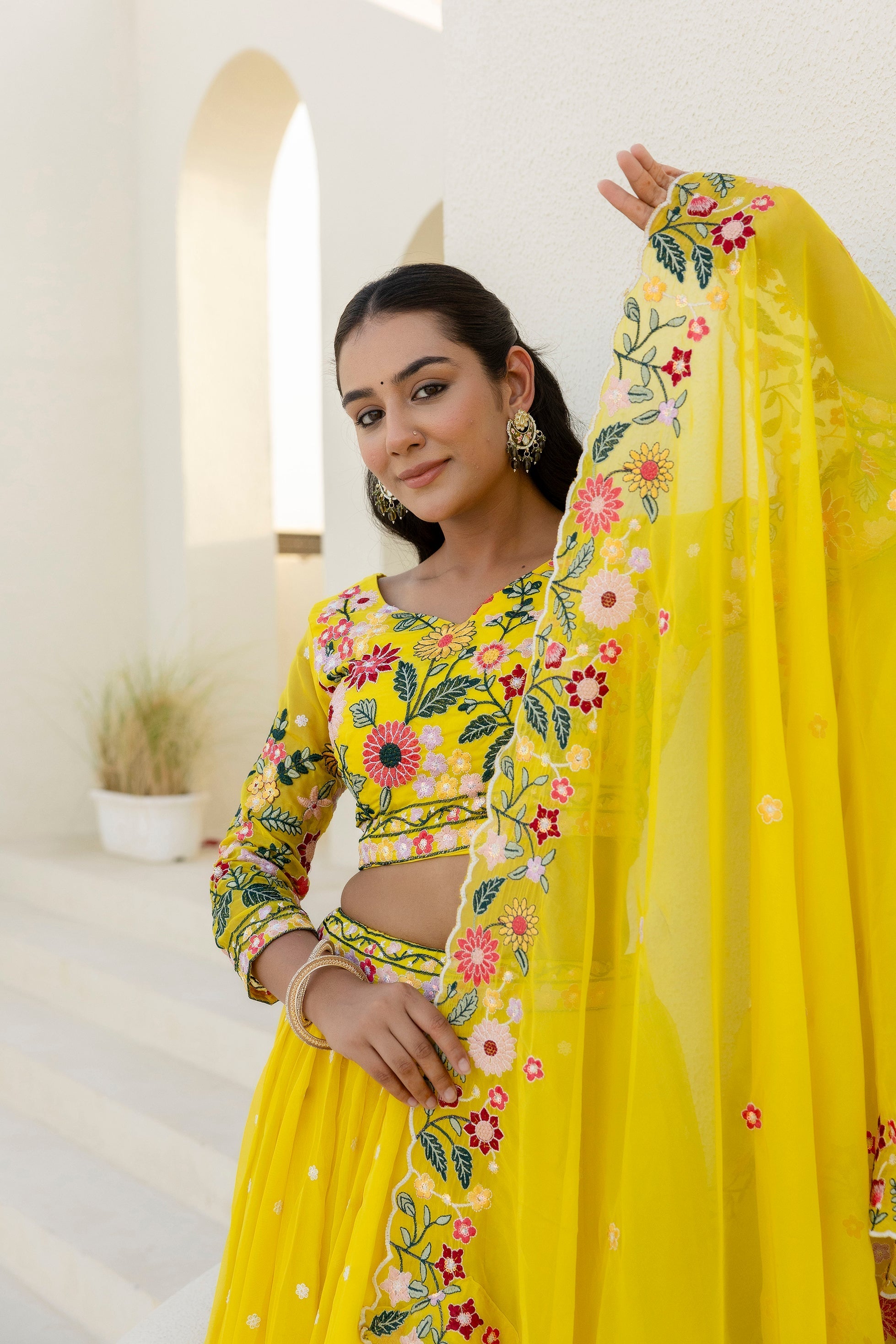 Yellow Floral Sequins Thread Embroidered Lehenga Choli - ETHNICDEAL