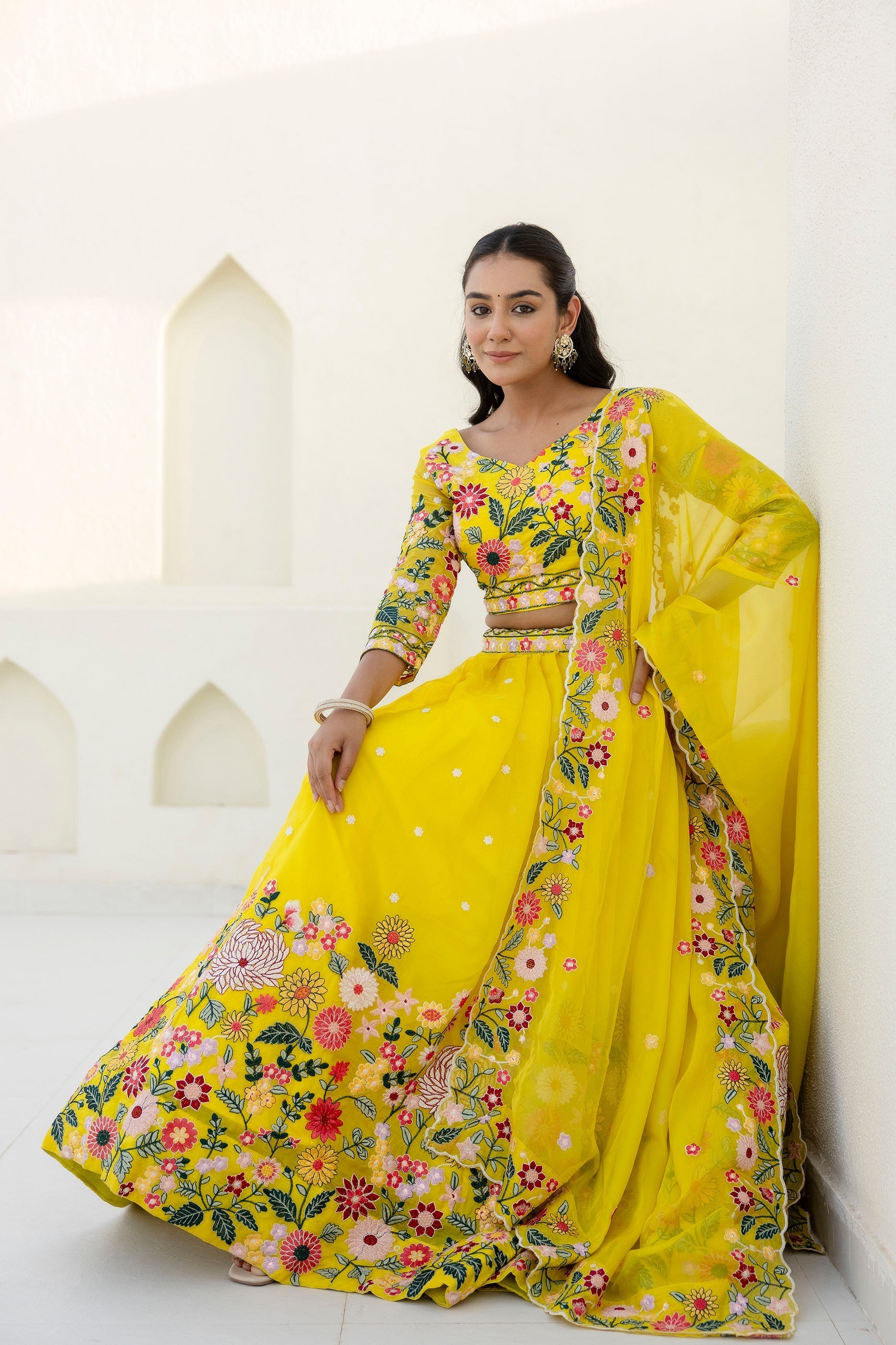 Yellow Floral Sequins Thread Embroidered Lehenga Choli - ETHNICDEAL