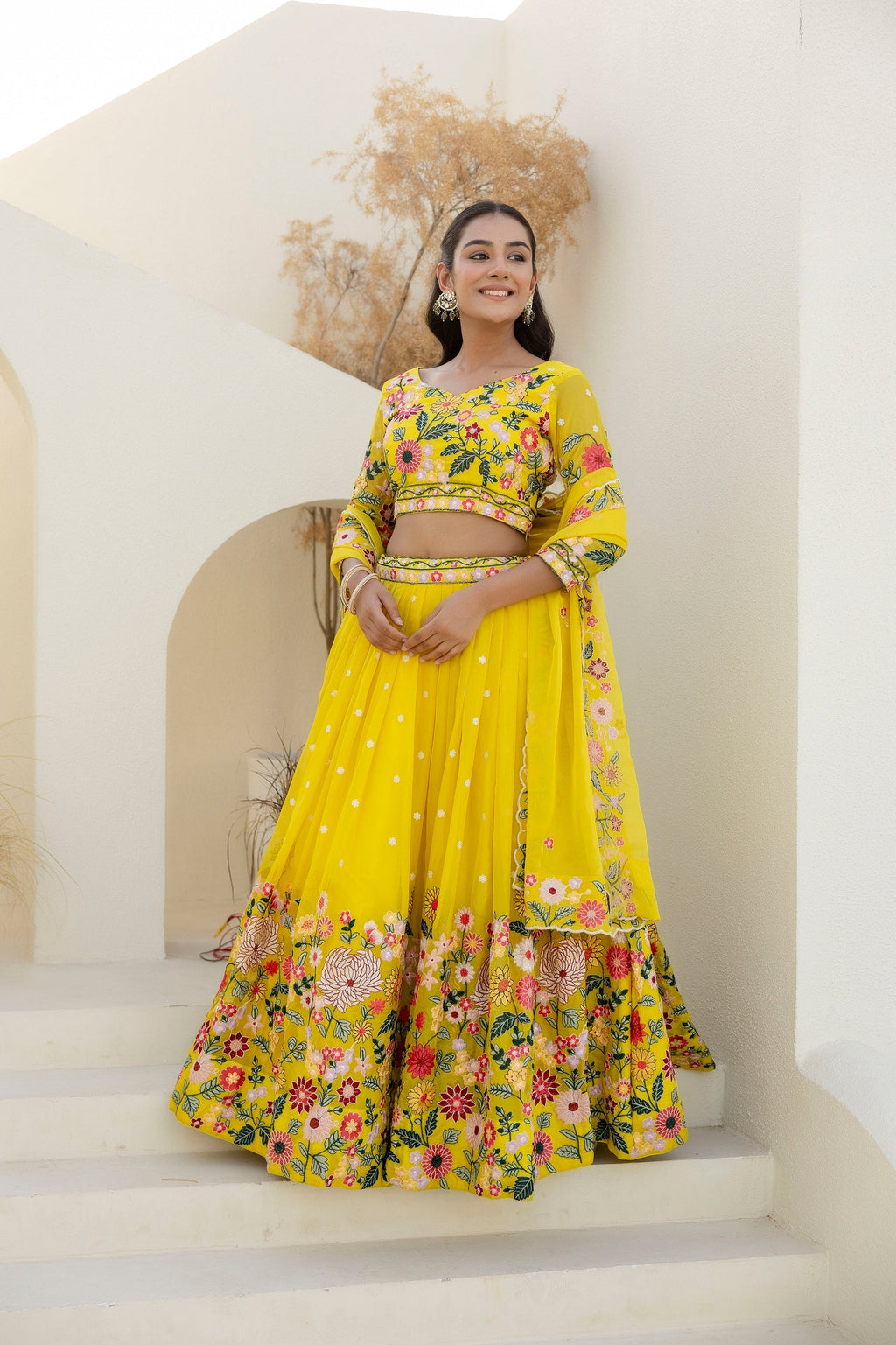 Yellow Floral Sequins Thread Embroidered Lehenga Choli - ETHNICDEAL