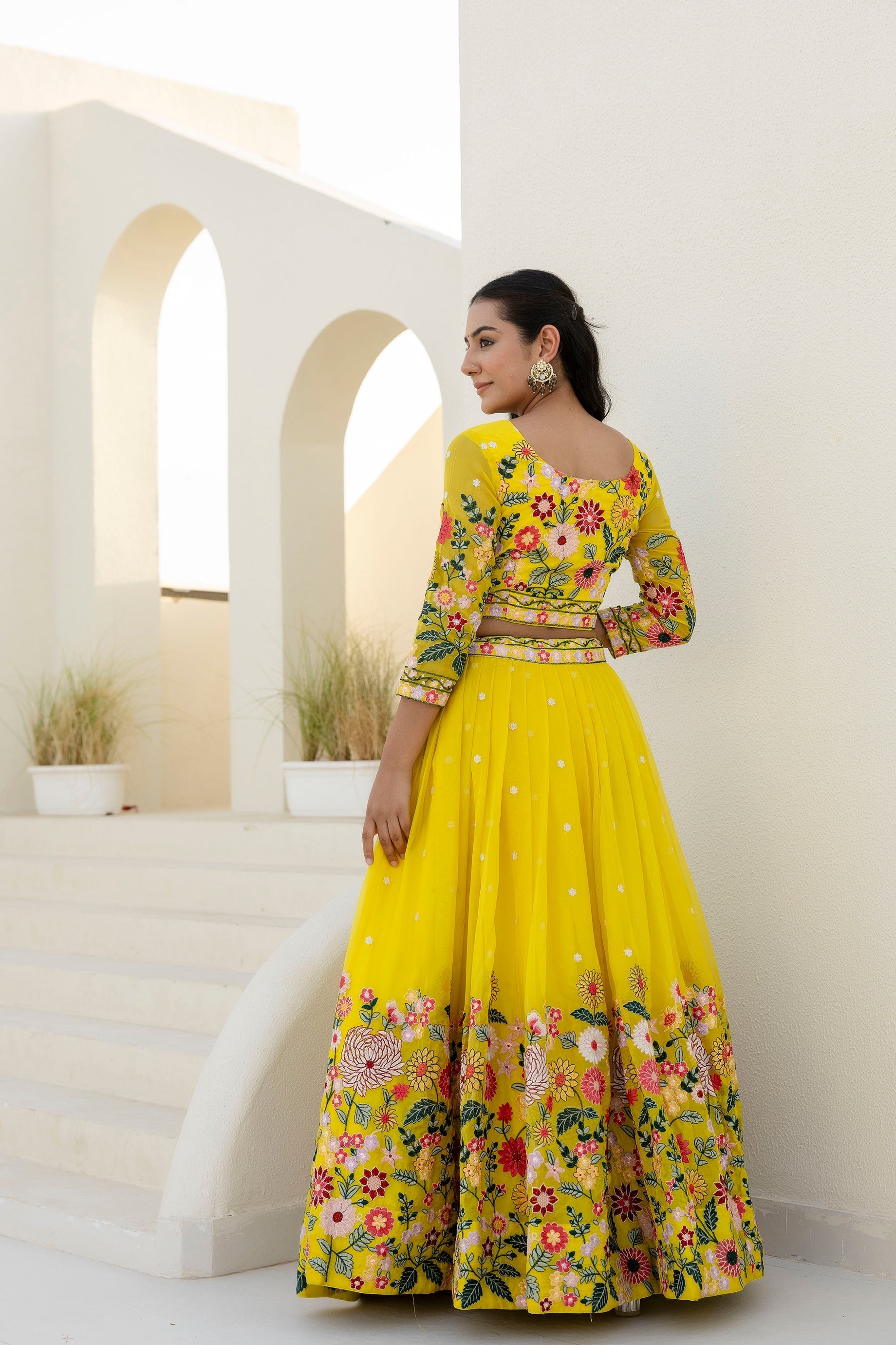 Yellow Floral Sequins Thread Embroidered Lehenga Choli - ETHNICDEAL
