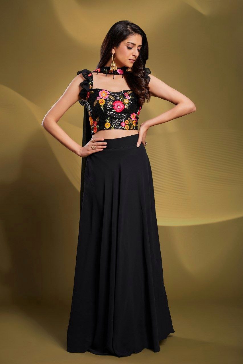 Elegant Black Georgette Lehenga Set - Fully Stitched & Ready to Wear - ETHNICDEAL