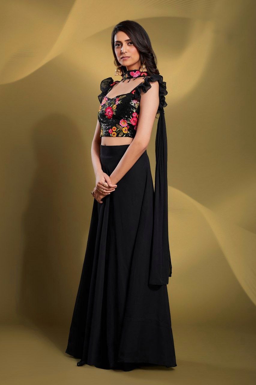 Elegant Black Georgette Lehenga Set - Fully Stitched & Ready to Wear - ETHNICDEAL