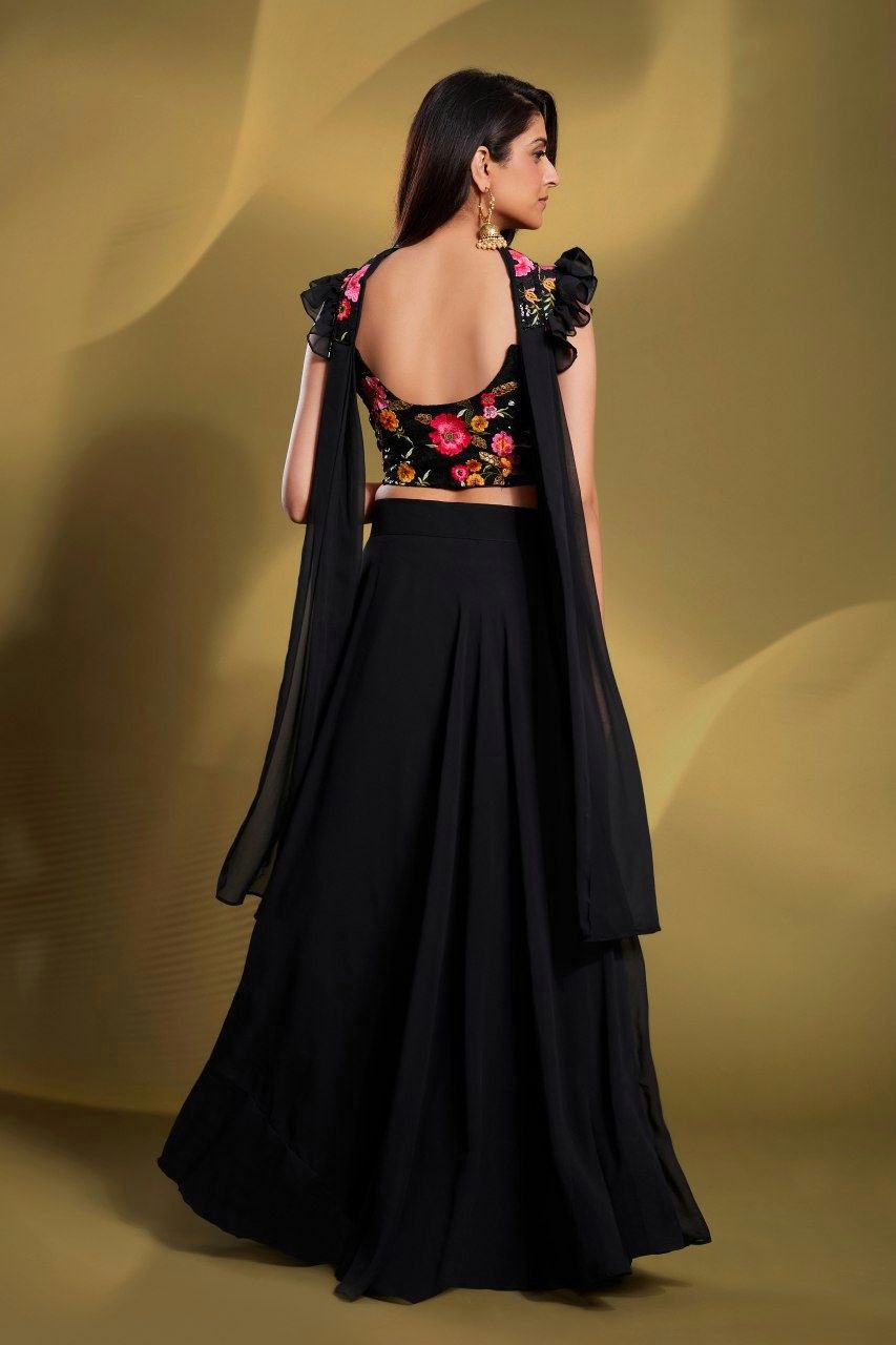 Elegant Black Georgette Lehenga Set - Fully Stitched & Ready to Wear - ETHNICDEAL