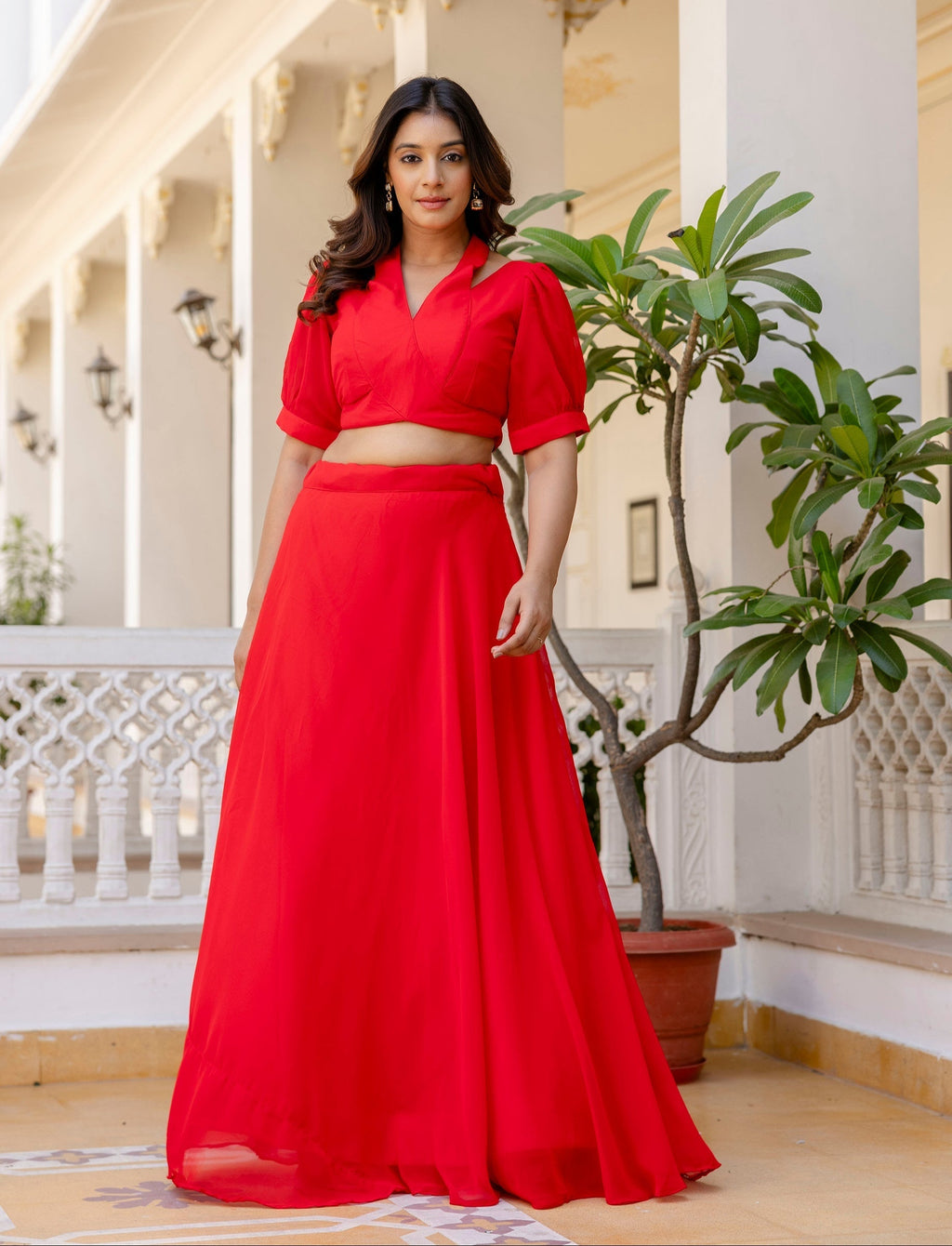 Red Fancy Neck & Back Pattern Fully Stitched Red Georgette Lehenga Choli - ETHNICDEAL